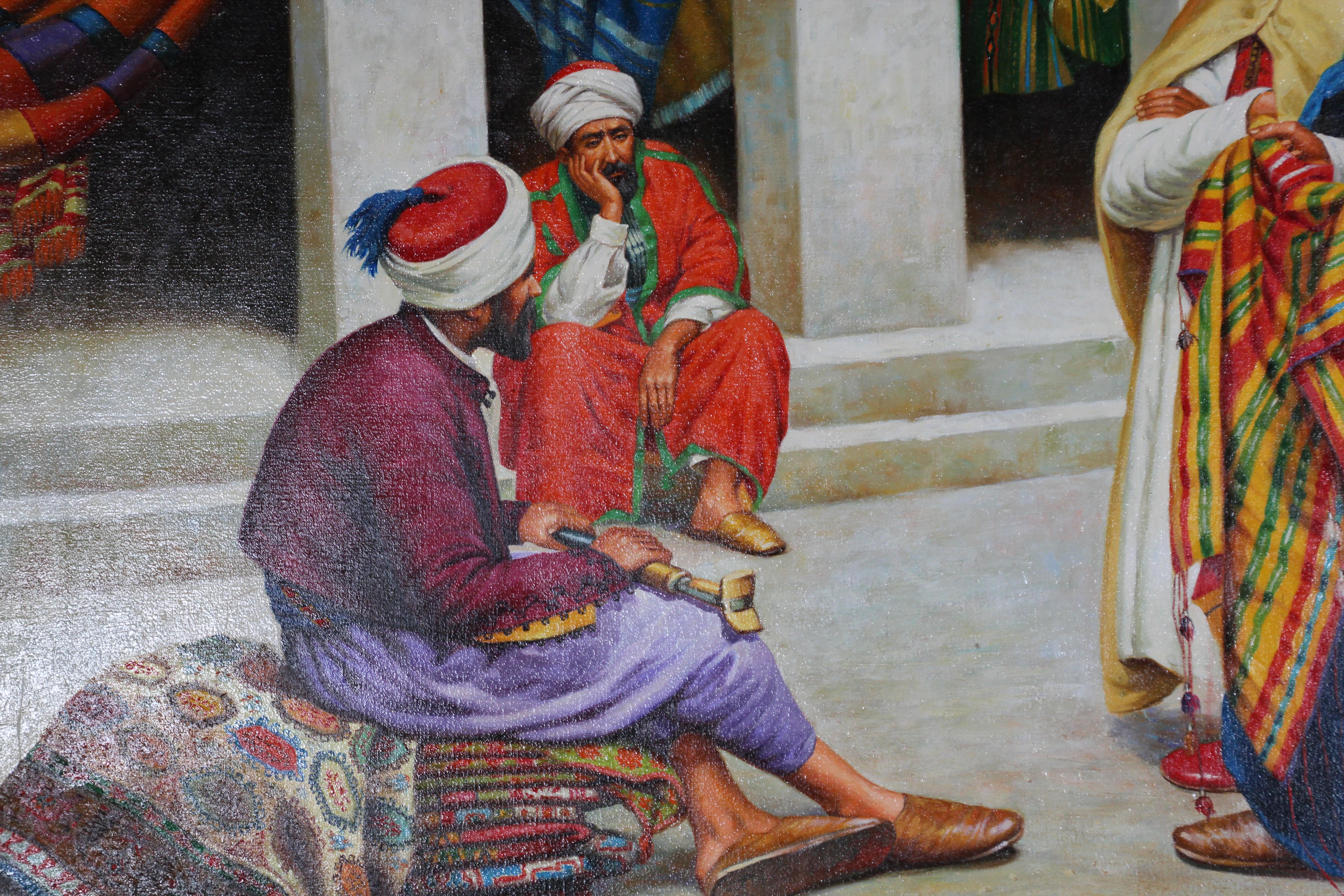 Hand-Painted Moroccan Orientalist Oil Painting of a Rug Market For Sale