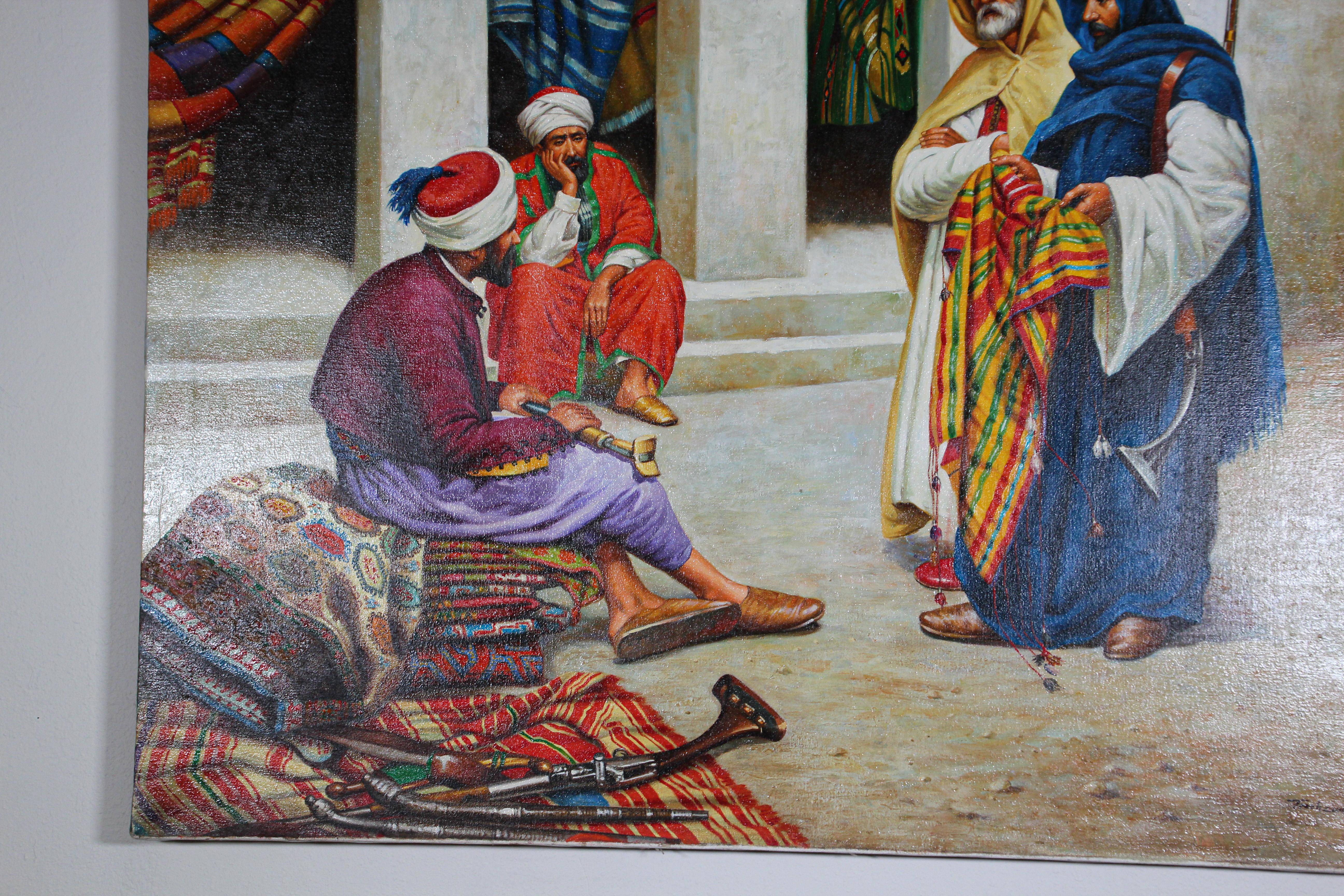 20th Century Moroccan Orientalist Oil Painting of a Rug Market For Sale