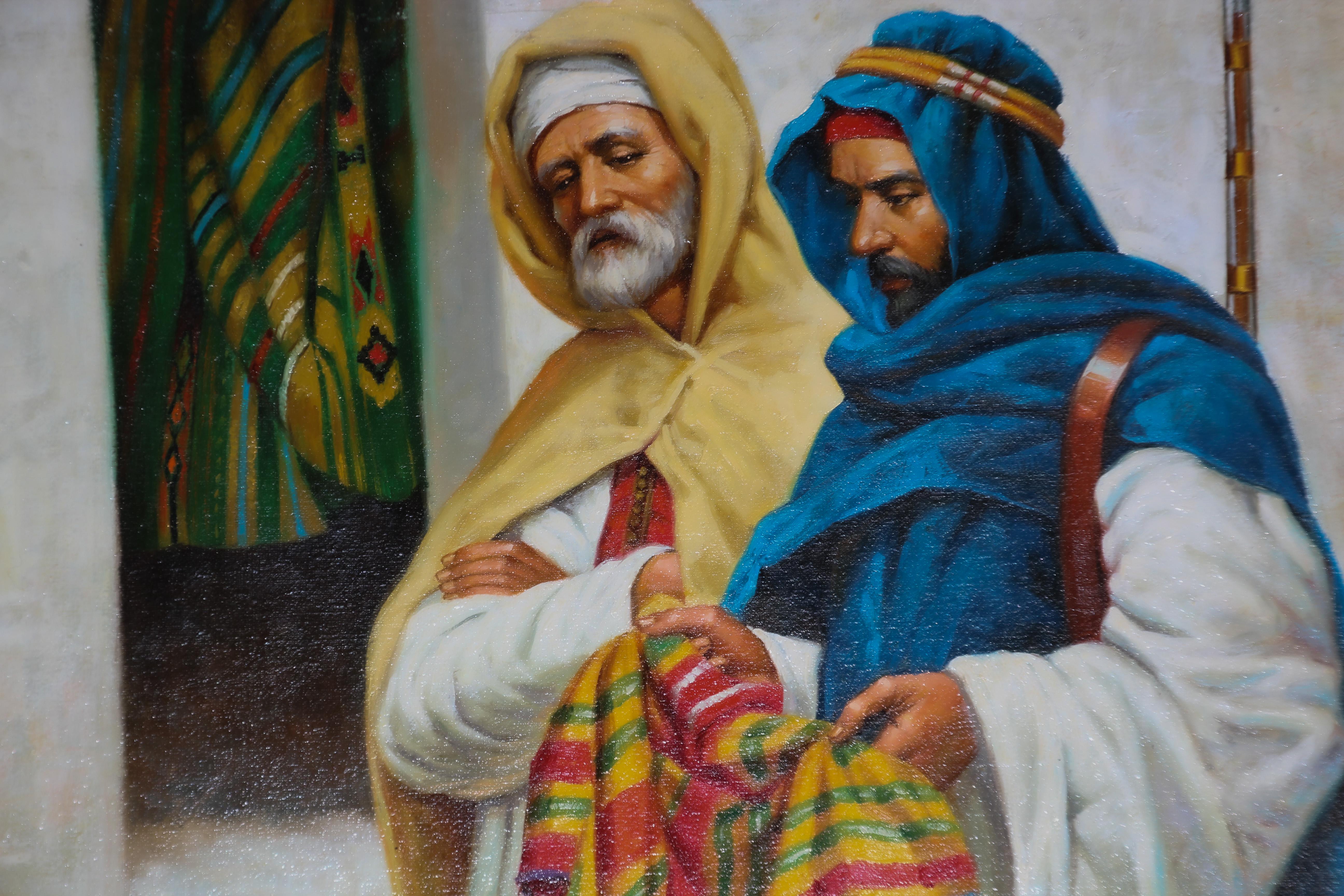 20ième siècle Peinture à l'huile orientaliste marocaine d'un marché aux tapis en vente
