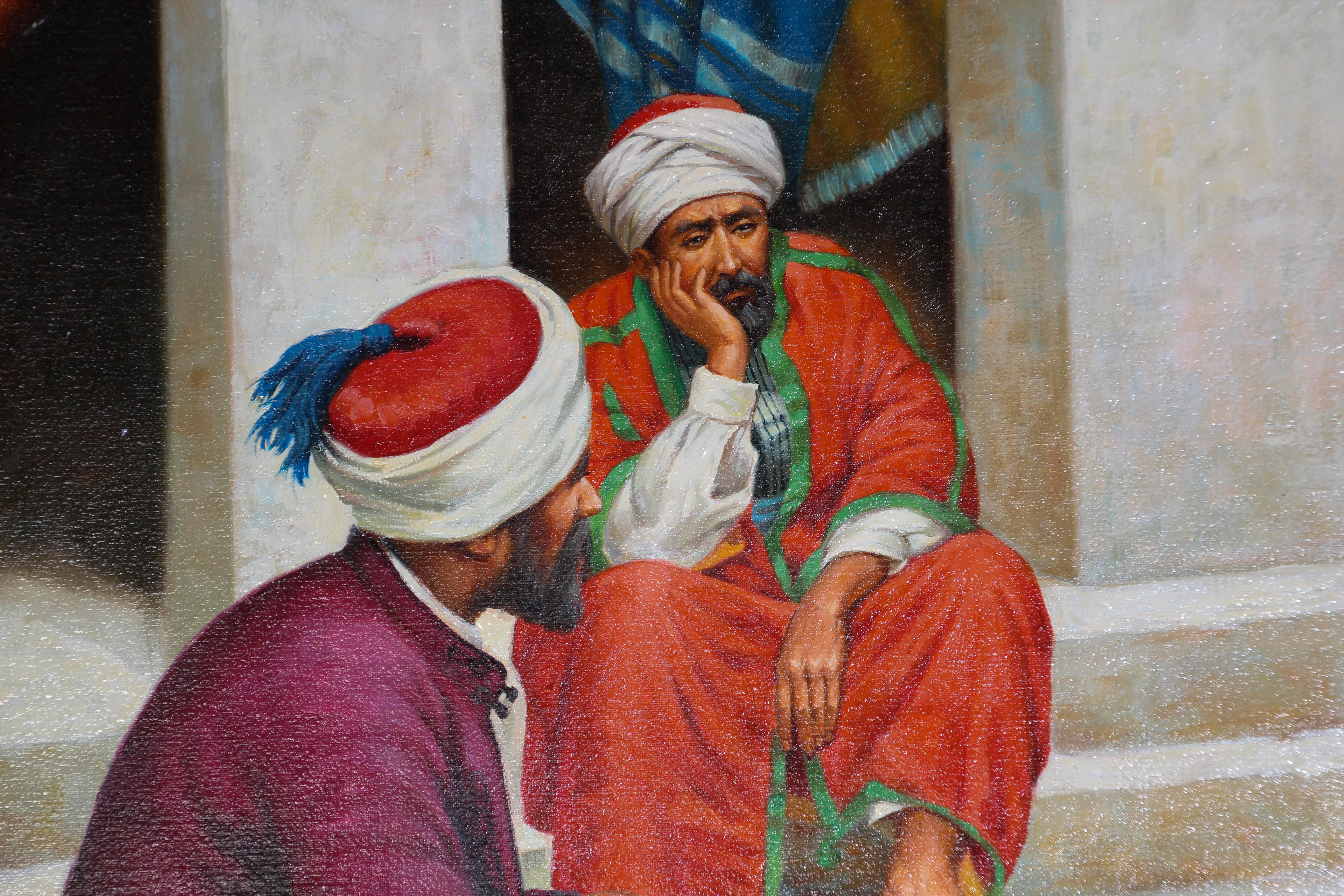 Toile Peinture à l'huile orientaliste marocaine d'un marché aux tapis en vente