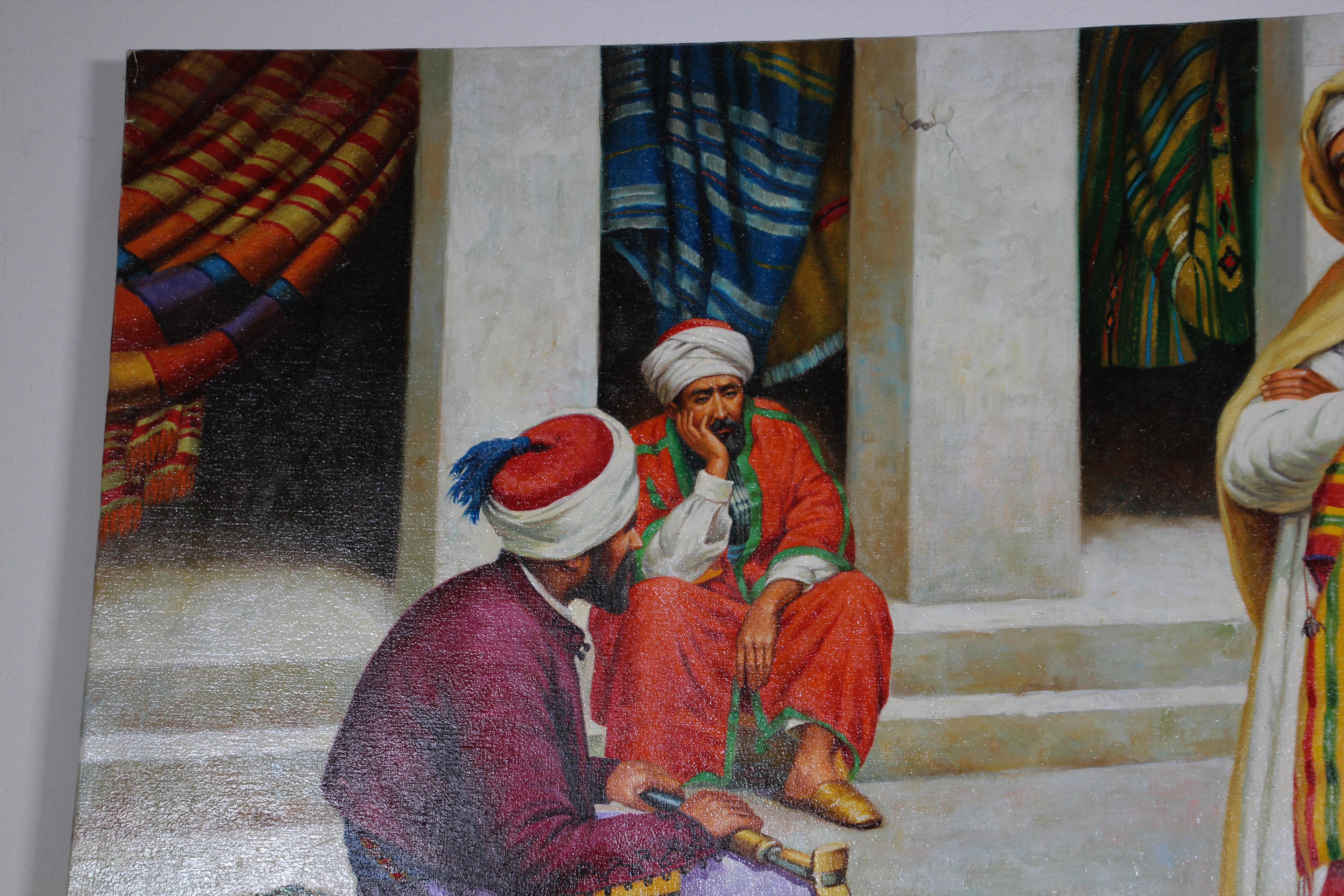 Peinture à l'huile orientaliste marocaine d'un marché aux tapis en vente 1