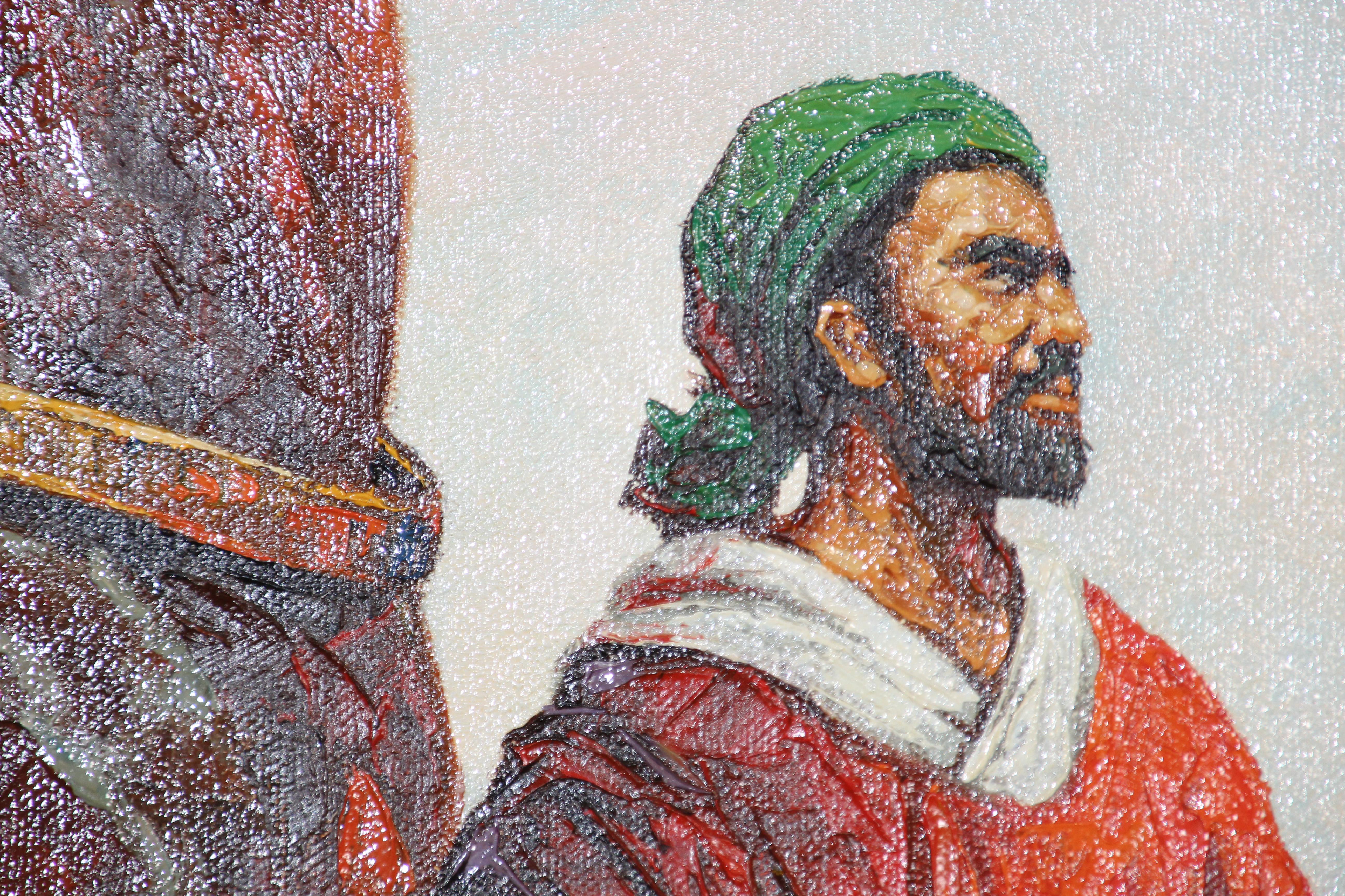 Peinture à l'huile orientaliste marocaine d'hommes sur chevaux 1