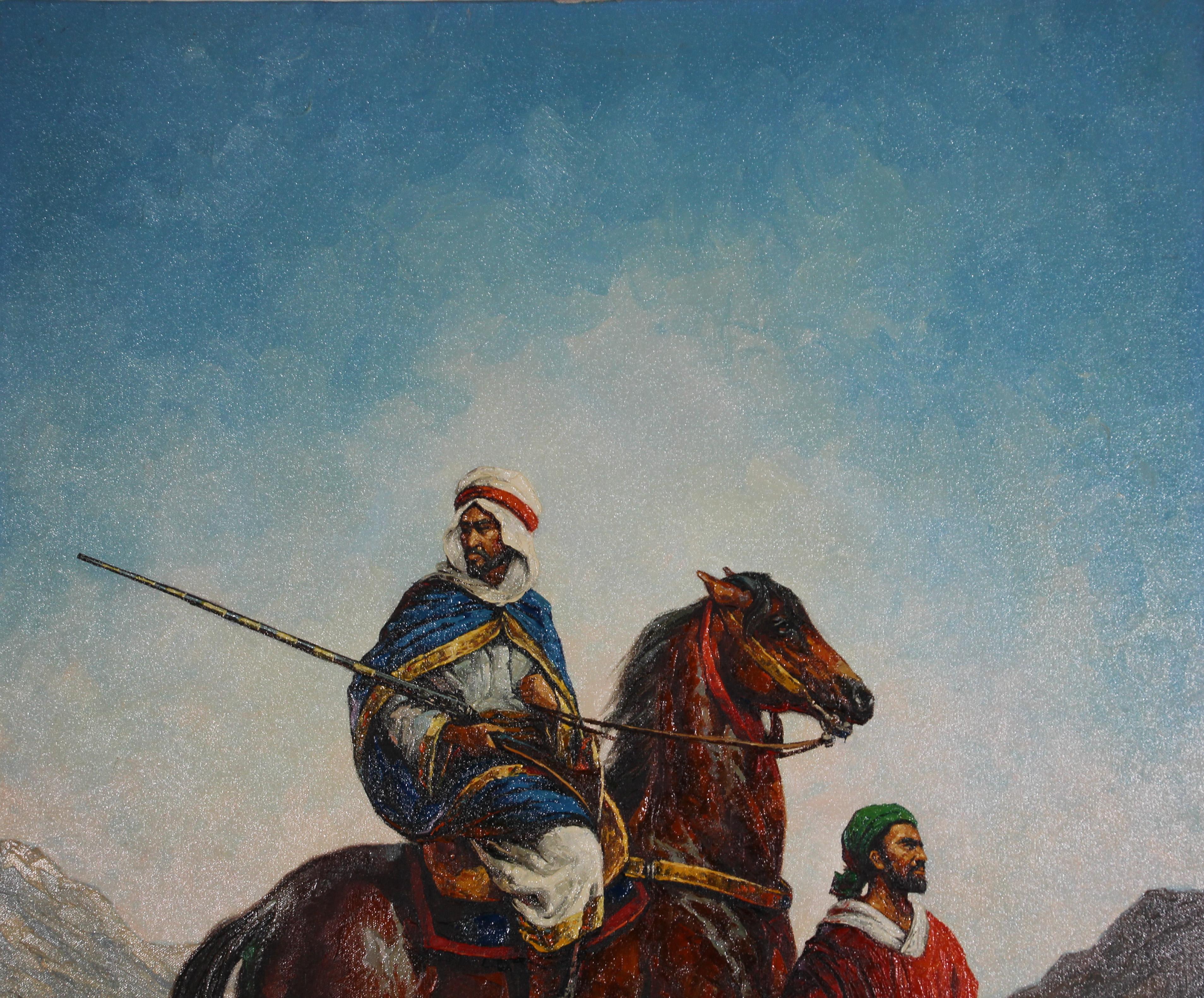 Moroccan Orientalist Oil Painting of Men on Horses For Sale 4