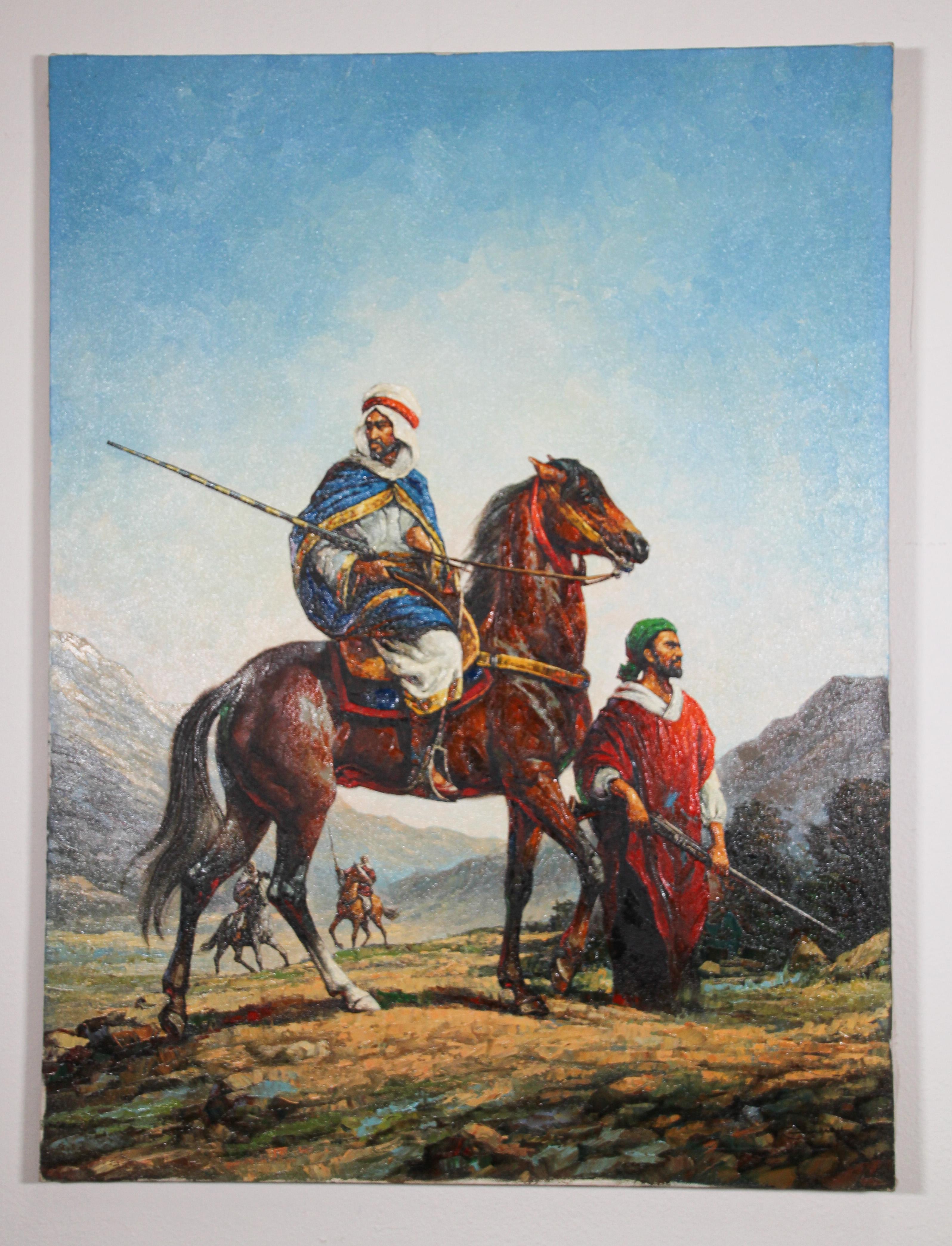 Moroccan Orientalist Oil Painting of Men on Horses For Sale 8