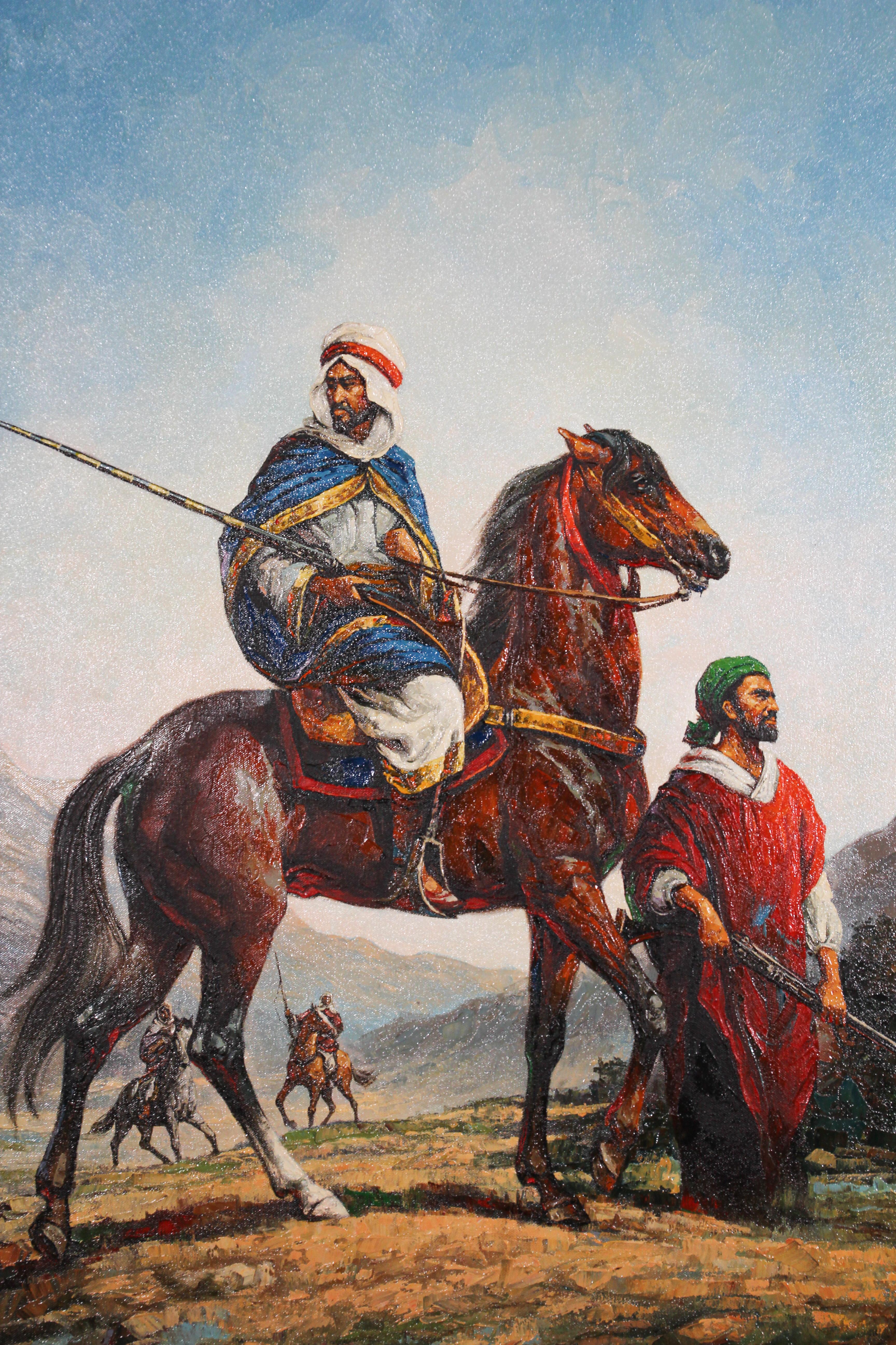 Moroccan Orientalist oil on canvas painting of a 19th century Moroccan men on horses scene.
Contemporary French Moroccan oil on canvas orientalist painting.
Painting is not old, not framed.
Signed on the left corner.