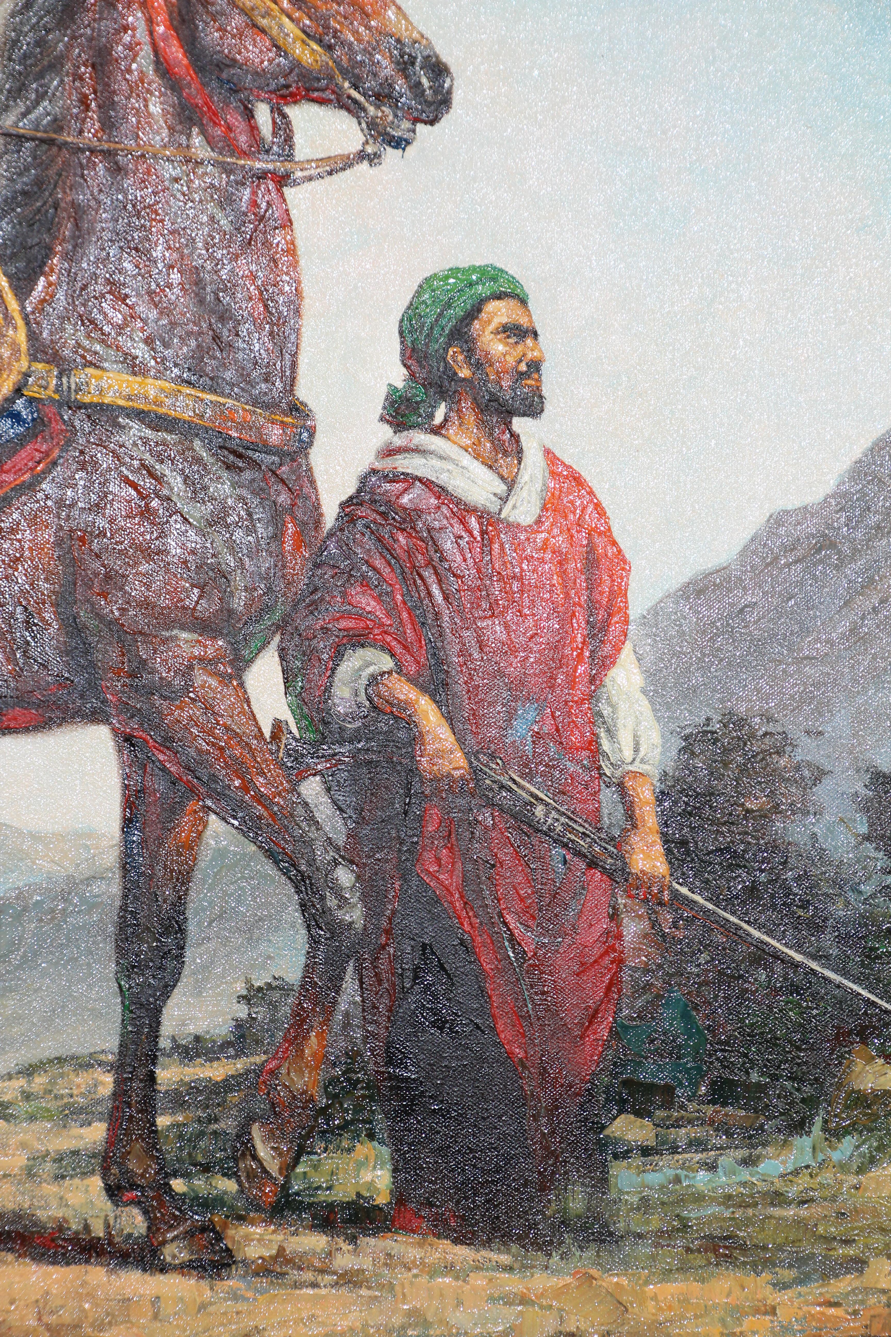 Mauresque Peinture à l'huile orientaliste marocaine d'hommes sur chevaux