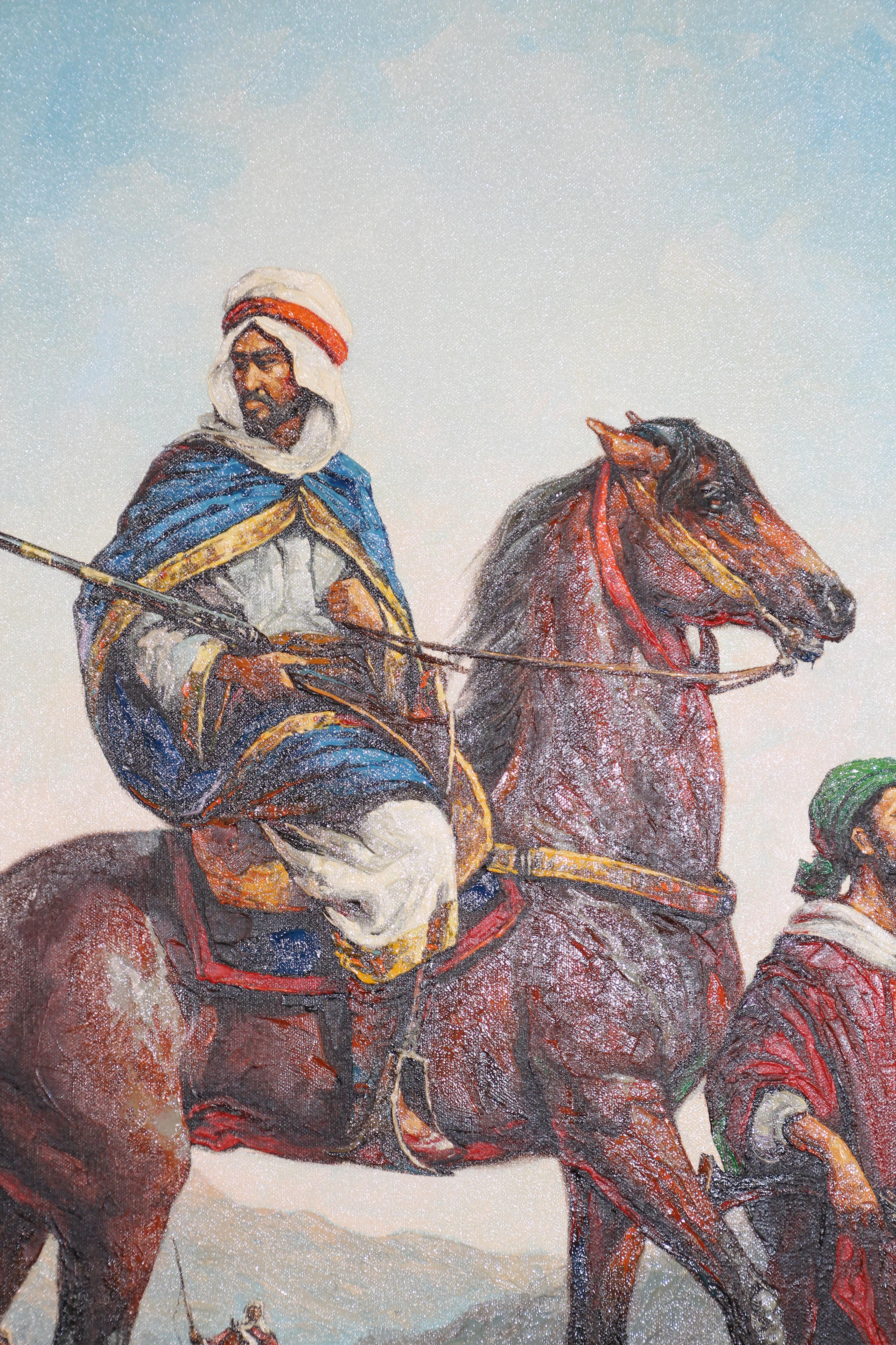 Marocain Peinture à l'huile orientaliste marocaine d'hommes sur chevaux