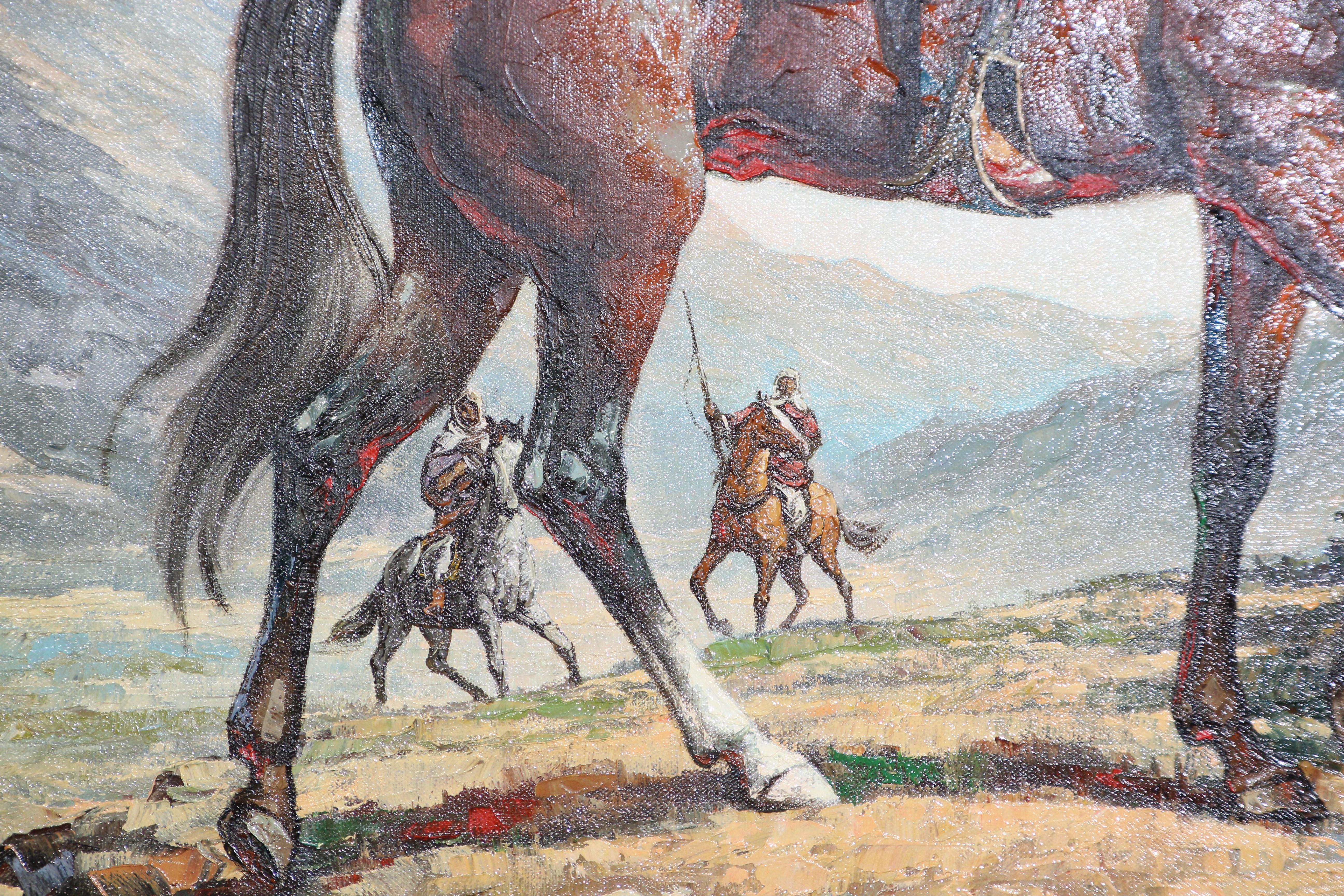 Peint à la main Peinture à l'huile orientaliste marocaine d'hommes sur chevaux