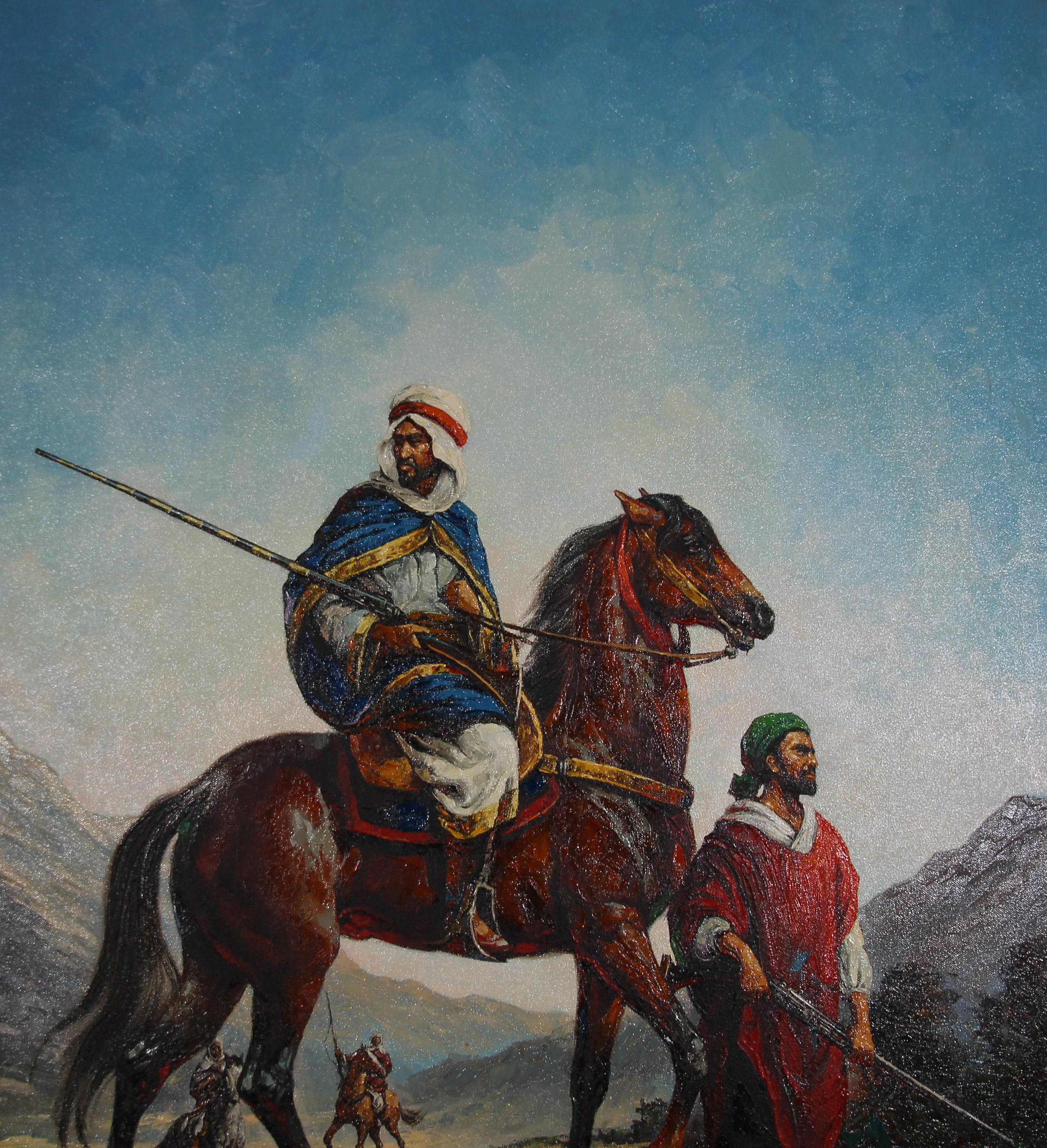 Moroccan Orientalist Oil Painting of Men on Horses In Good Condition For Sale In North Hollywood, CA