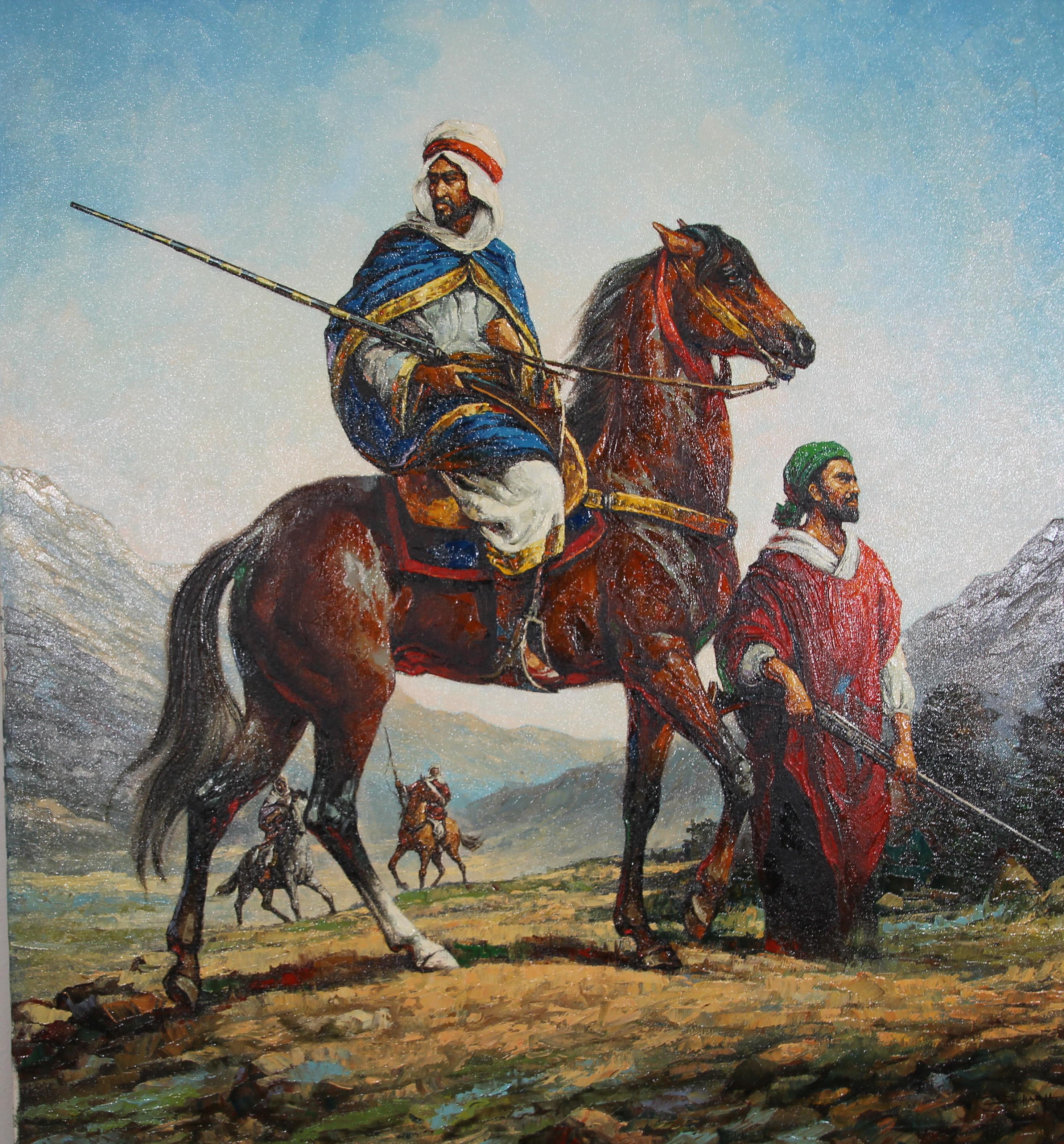 20th Century Moroccan Orientalist Oil Painting of Men on Horses For Sale