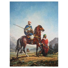 Peinture à l'huile orientaliste marocaine d'hommes sur chevaux