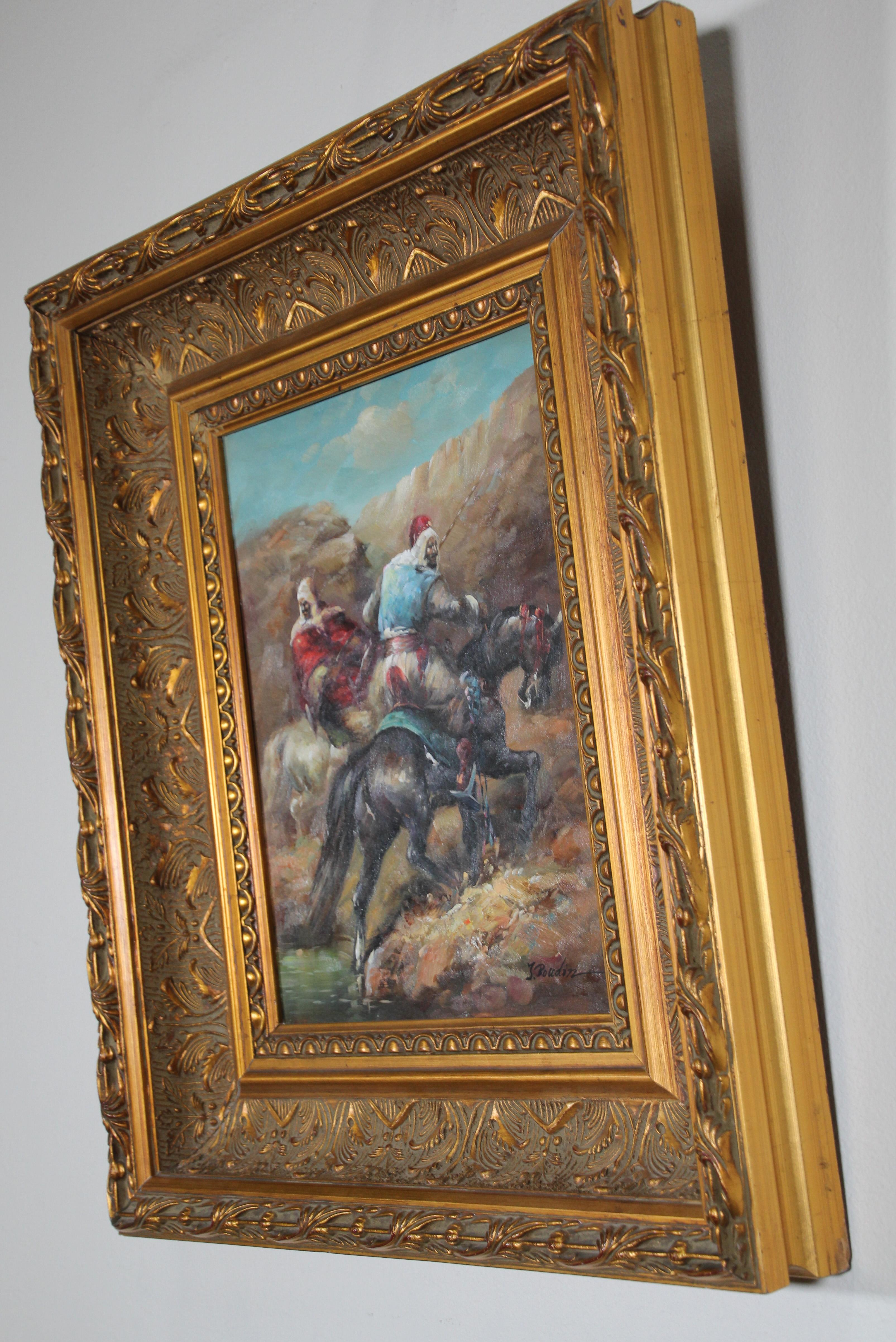 Moorish Orientalist Oil Painting of Men on Horses Framed 2