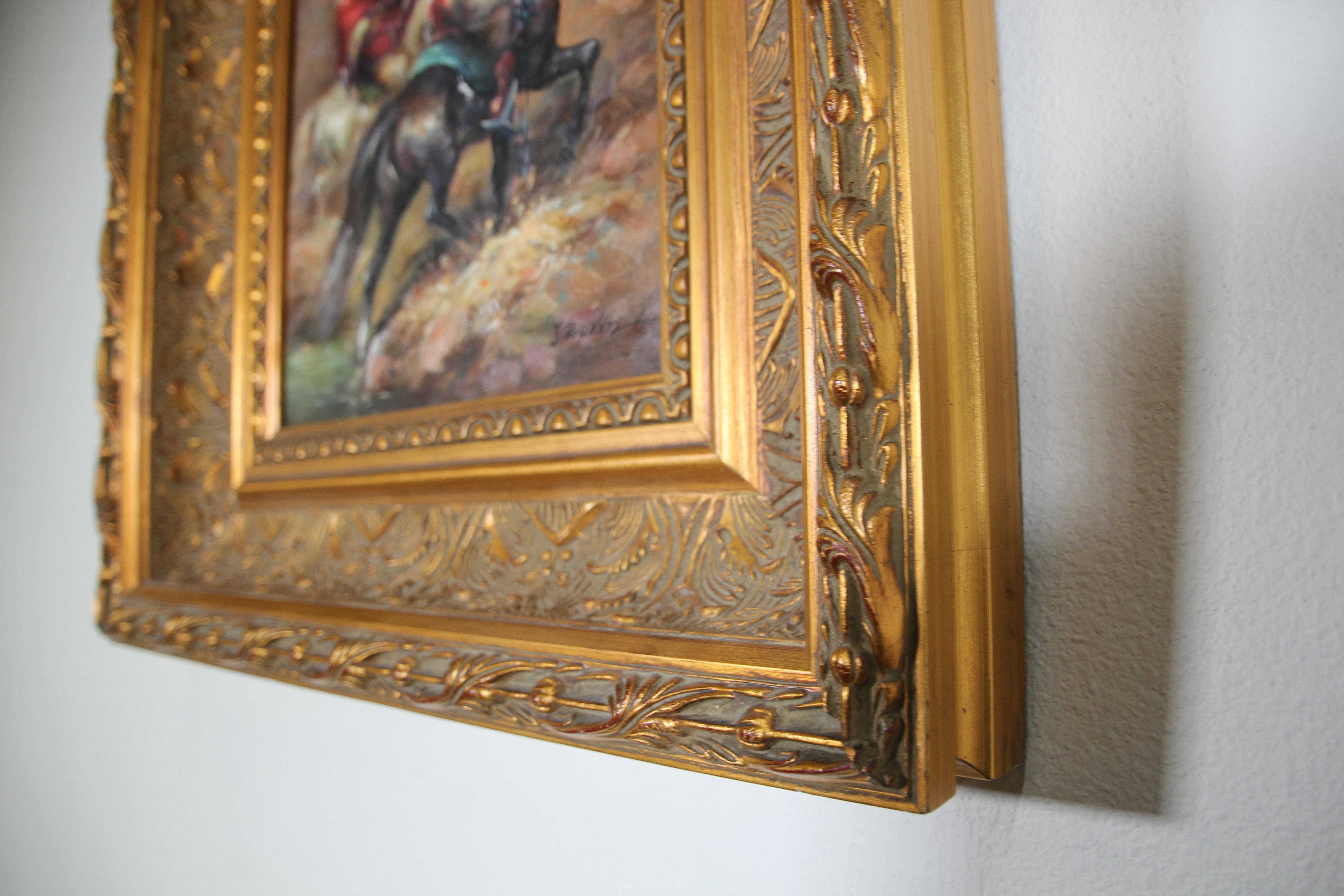 Moorish Orientalist Oil Painting of Men on Horses Framed 3