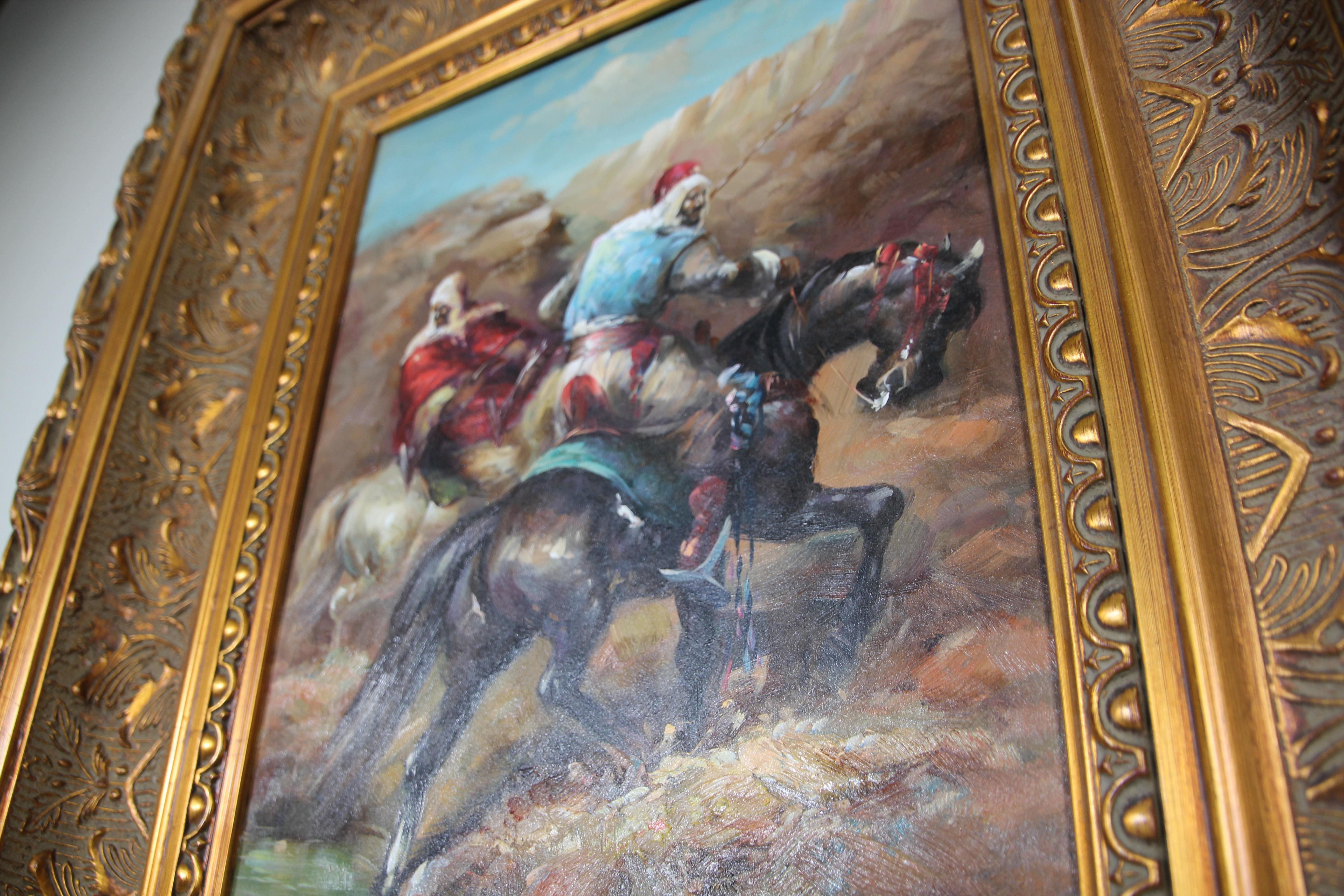 Moorish Orientalist Oil Painting of Men on Horses Framed 5