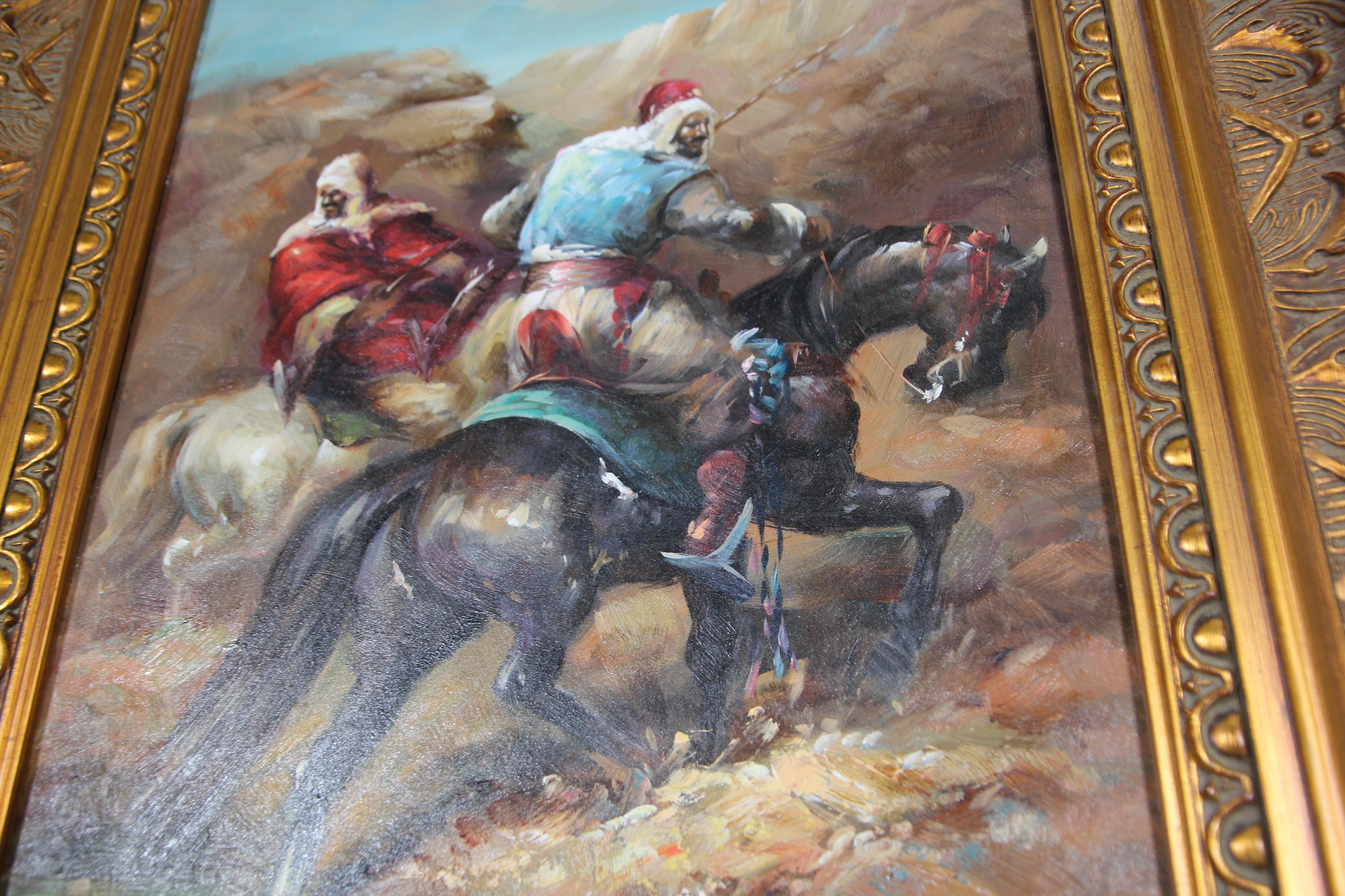 Moorish Orientalist Oil Painting of Men on Horses Framed 6