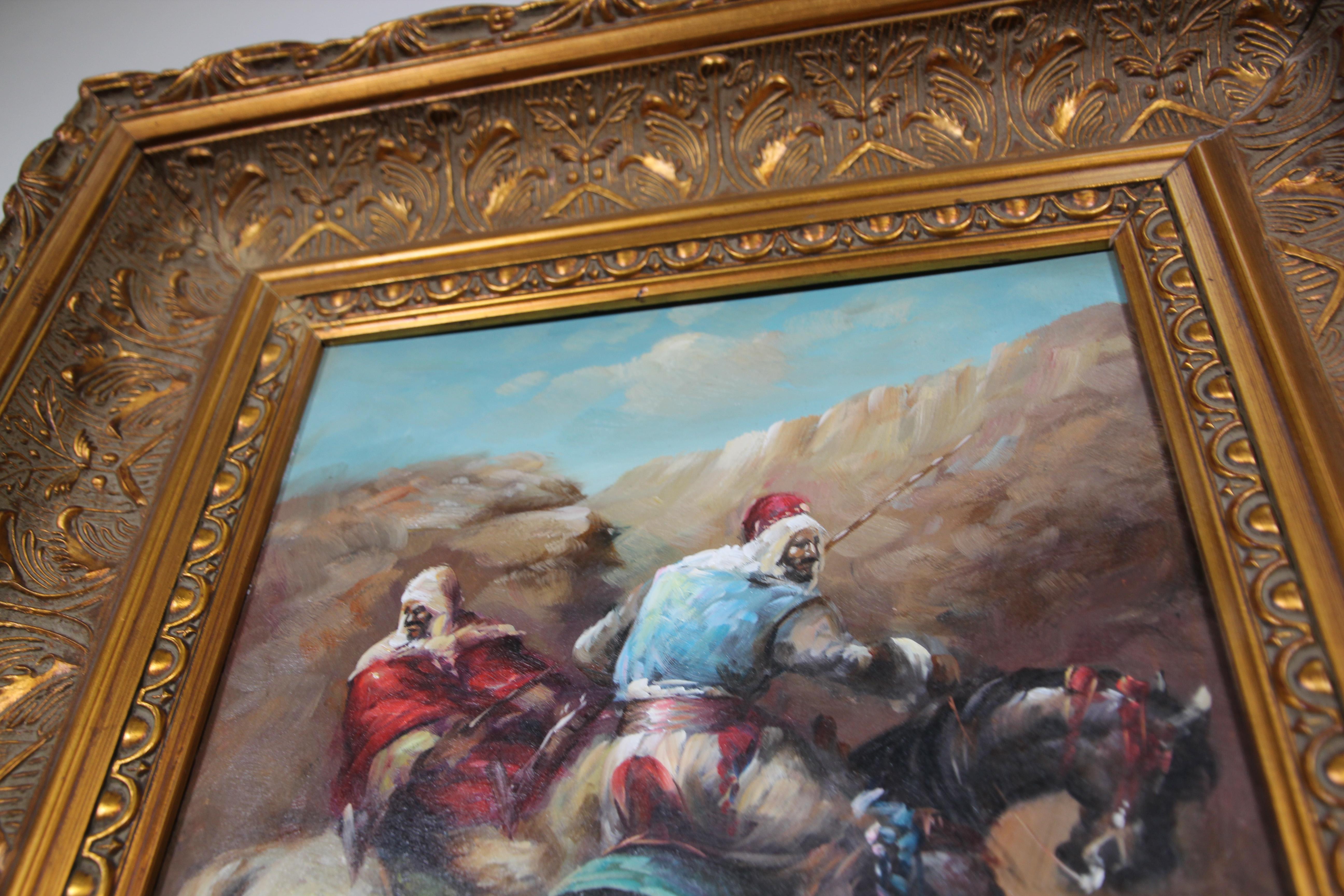 Moorish Orientalist Oil Painting of Men on Horses Framed 7