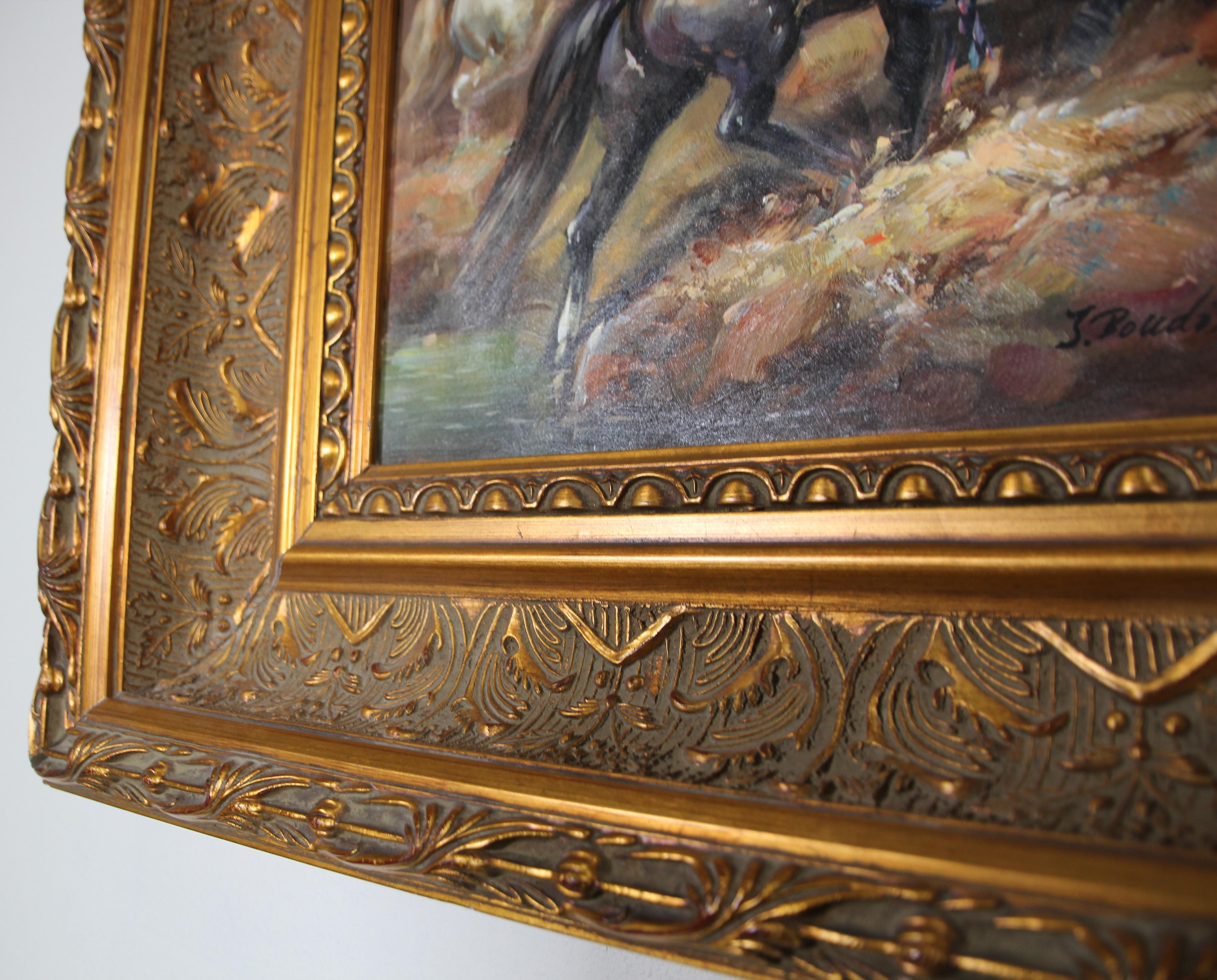 Moorish Orientalist Oil Painting of Men on Horses Framed 9