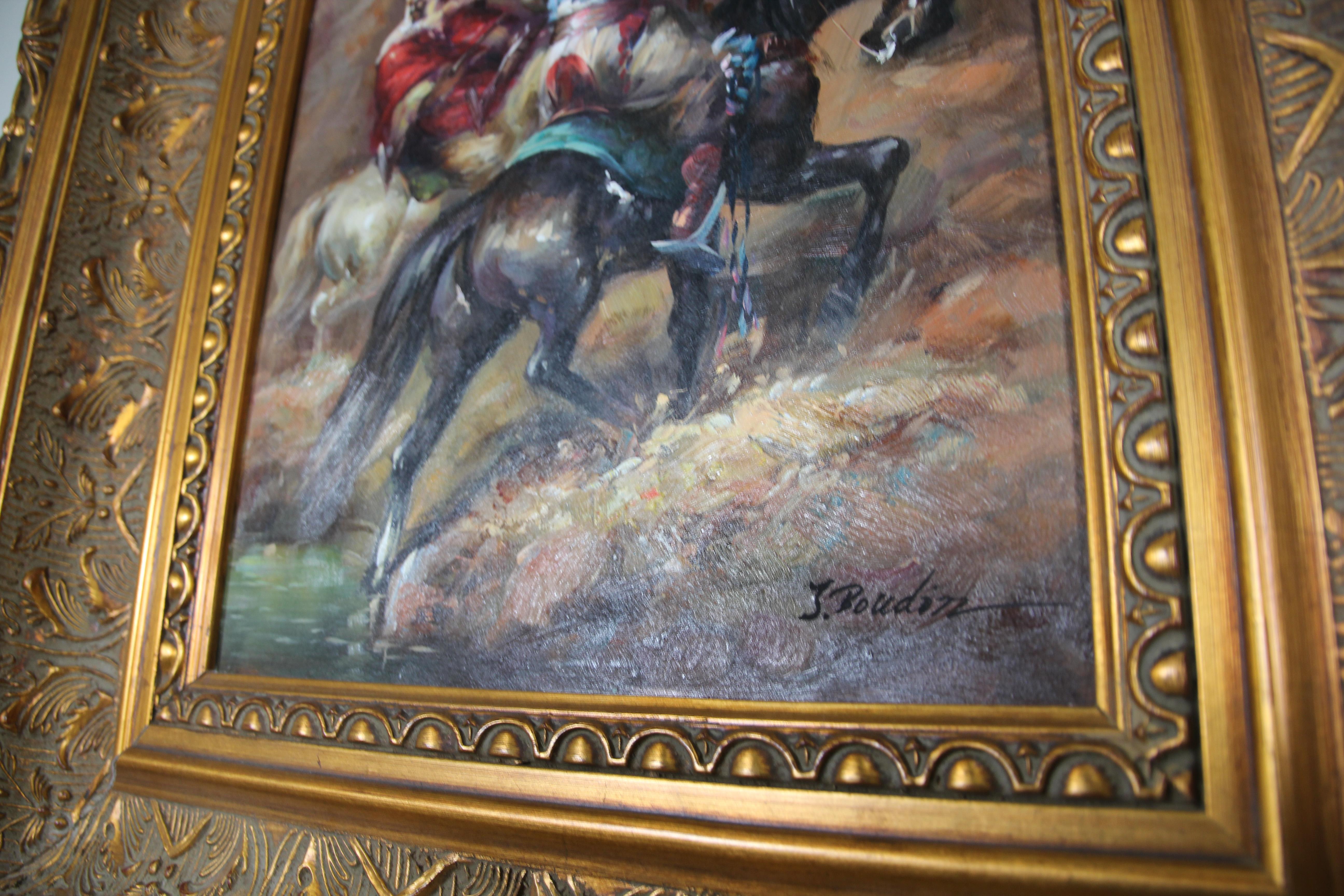 Moorish Orientalist Oil Painting of Men on Horses Framed 10