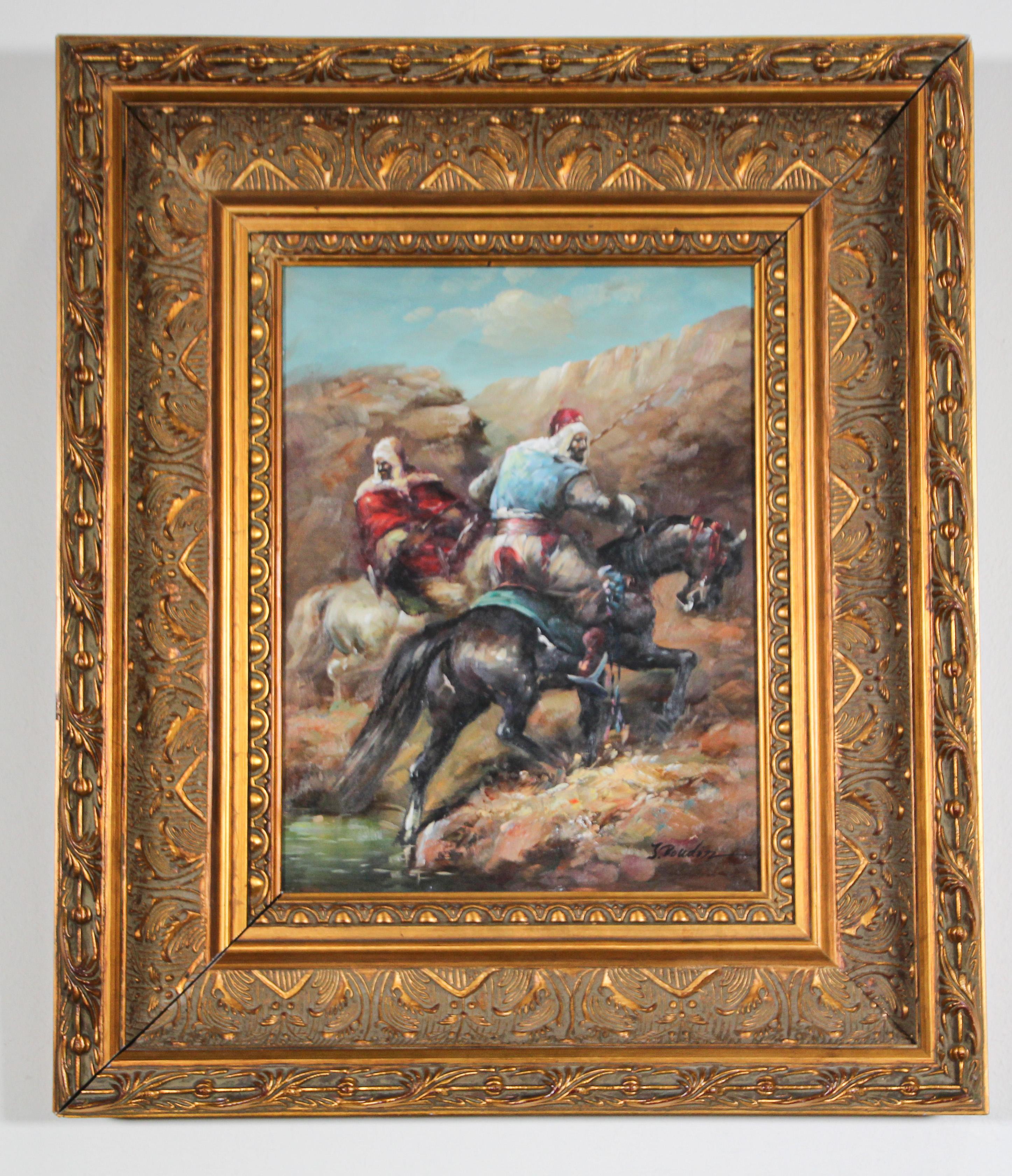 Framed Moorish orientalist oil on wood painting.
19th century Moroccan men riding on horses.
Contemporary French oil on wood orientalist painting.
Wooden frame
Signed on the right corner after Eugene Boudin.
Measures: Frame 22