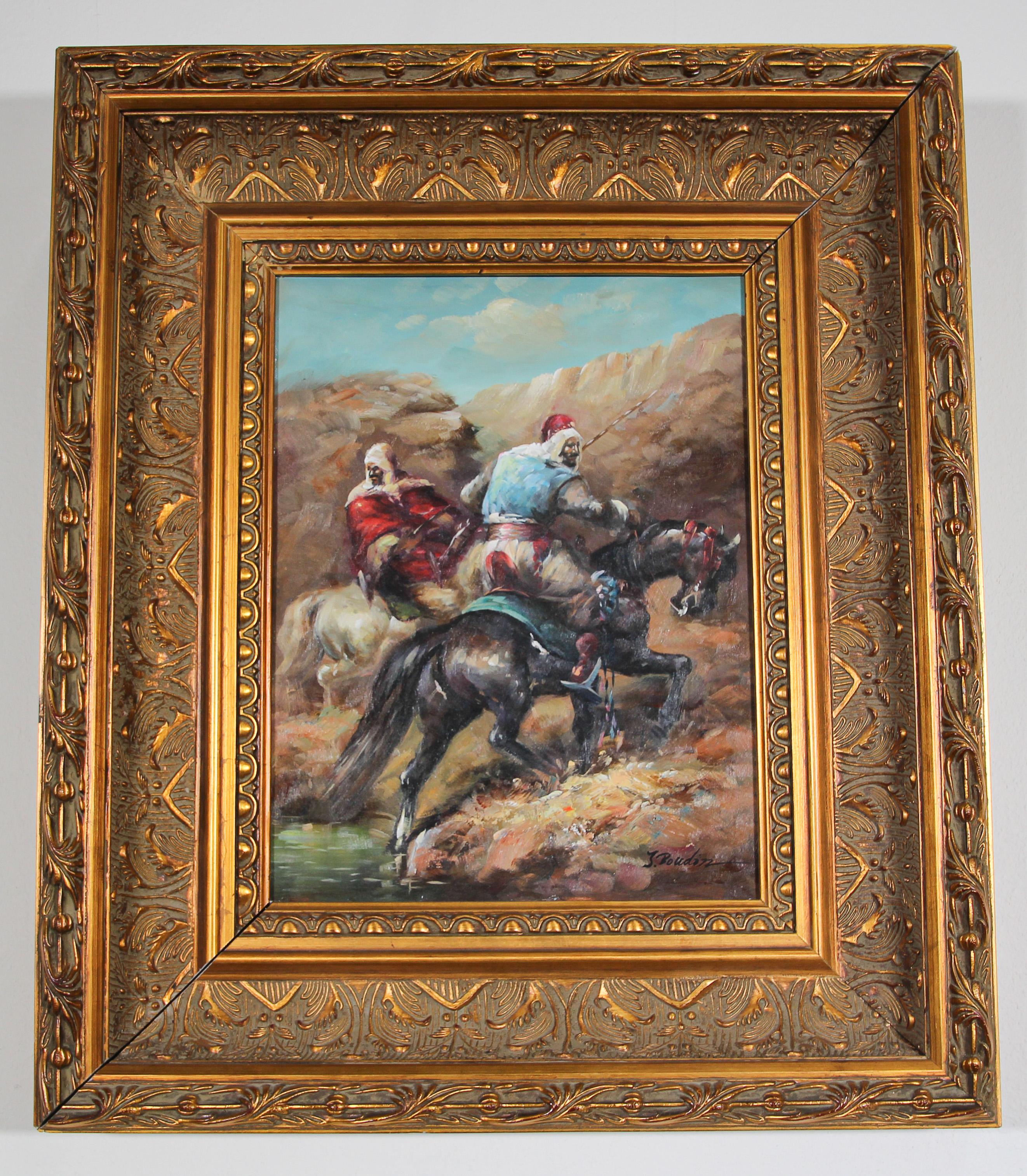 Moroccan Moorish Orientalist Oil Painting of Men on Horses Framed