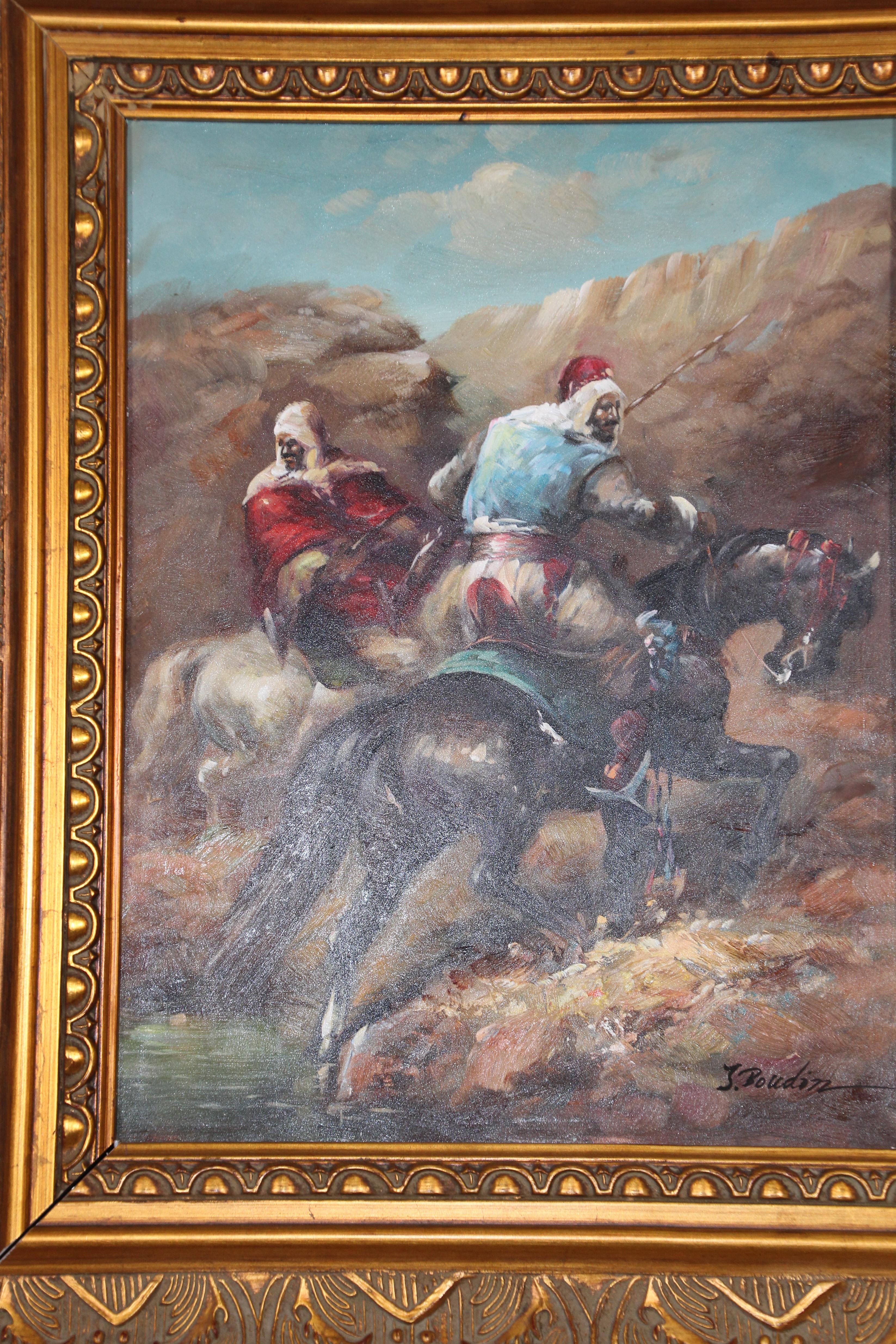 Hand-Painted Moorish Orientalist Oil Painting of Men on Horses Framed