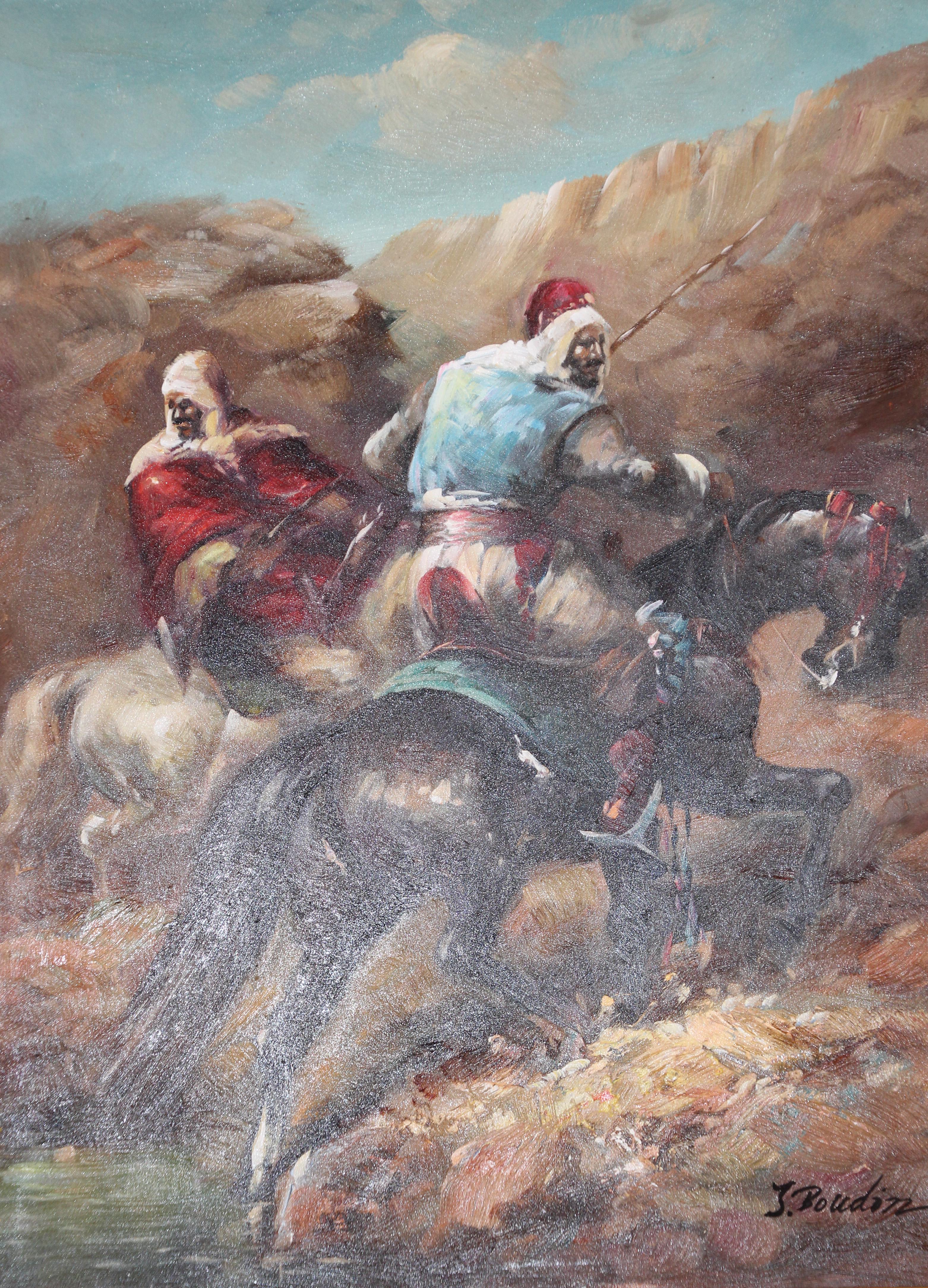 Moorish Orientalist Oil Painting of Men on Horses Framed In Good Condition In North Hollywood, CA