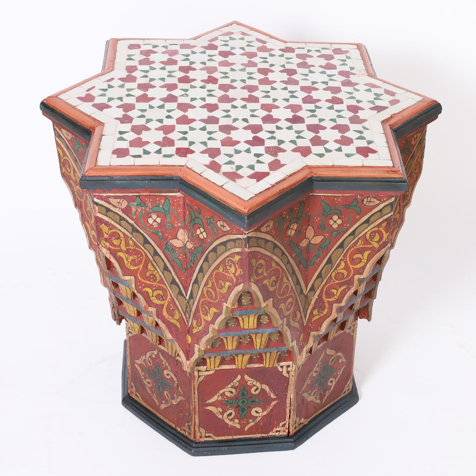 Moorish Moroccan Painted Tile Top Stand or Table For Sale