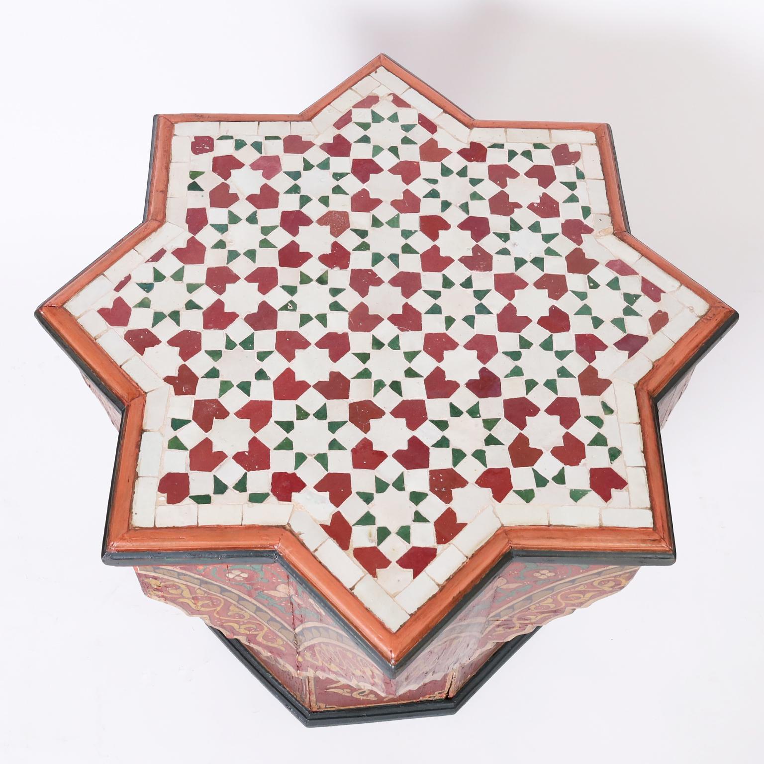 Hand-Crafted Moroccan Painted Tile Top Stand or Table For Sale