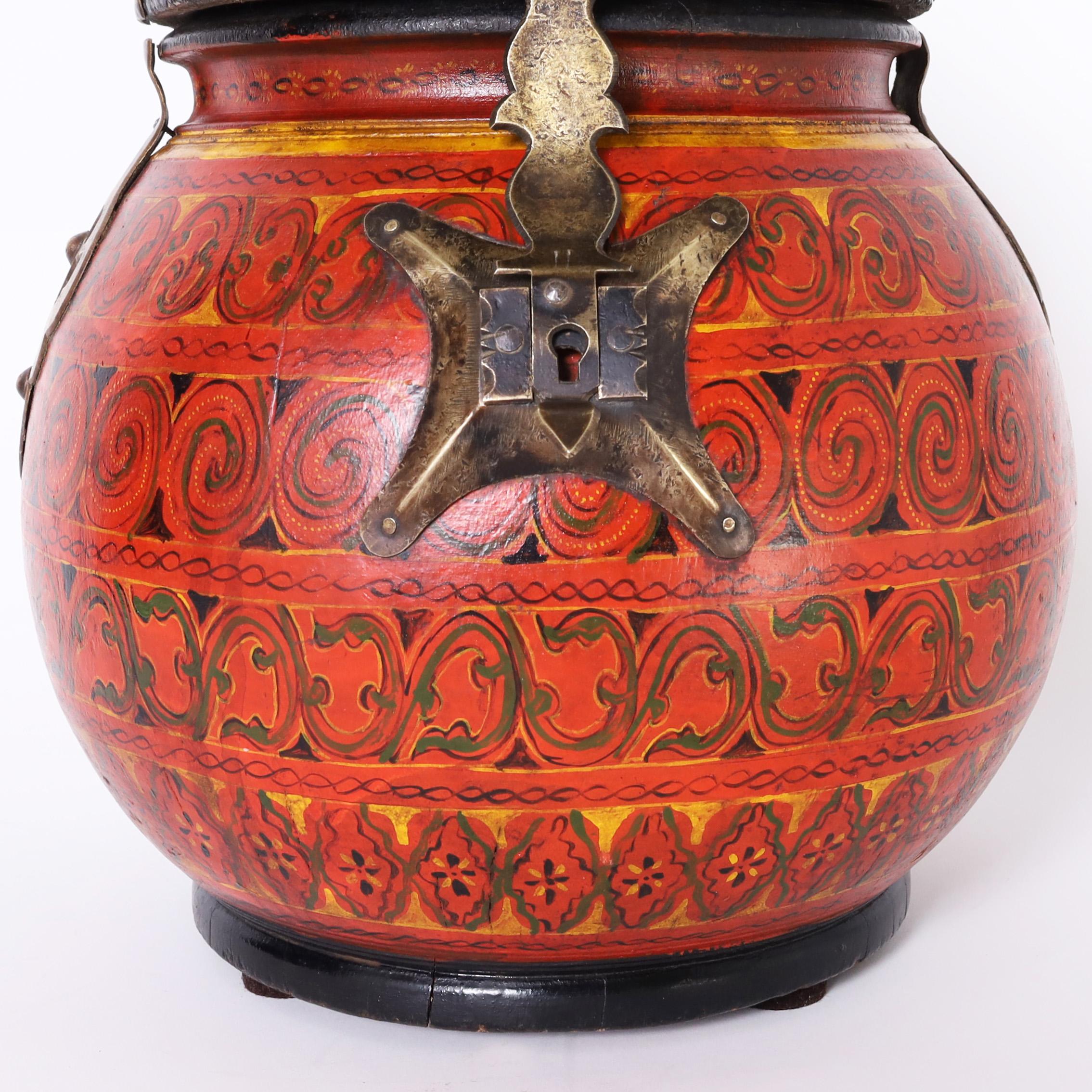 Hand-Painted Moroccan Painted Wood Lidded Box or Urn