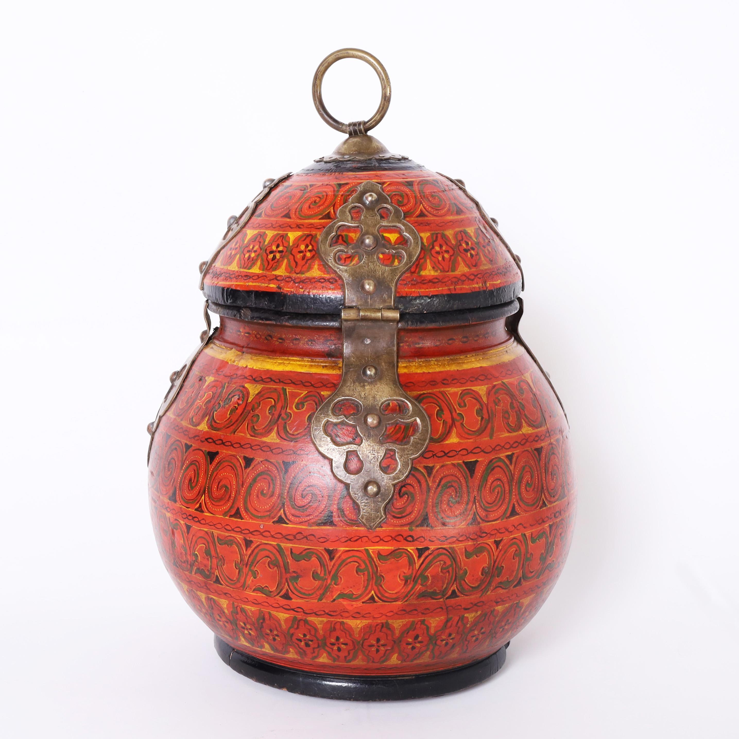Moroccan Painted Wood Lidded Box or Urn In Good Condition In Palm Beach, FL