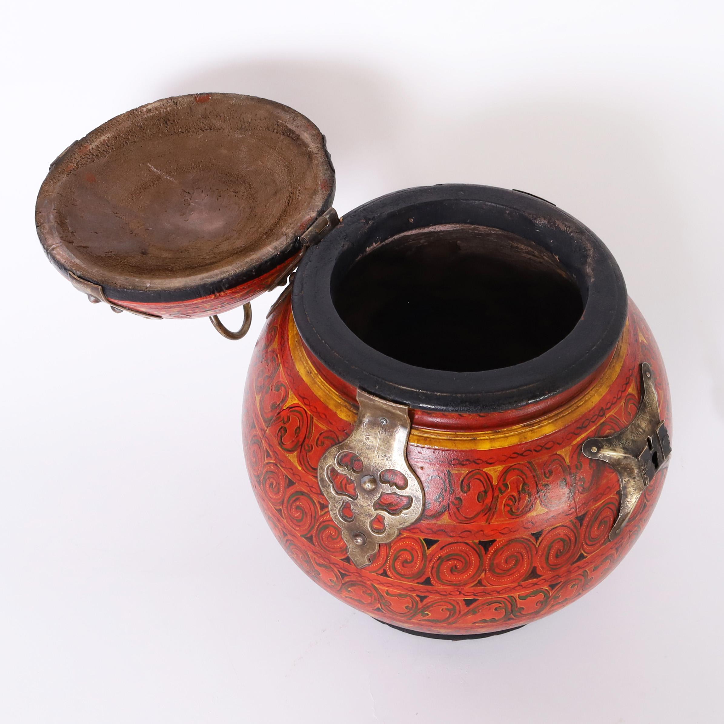Hardwood Moroccan Painted Wood Lidded Box or Urn