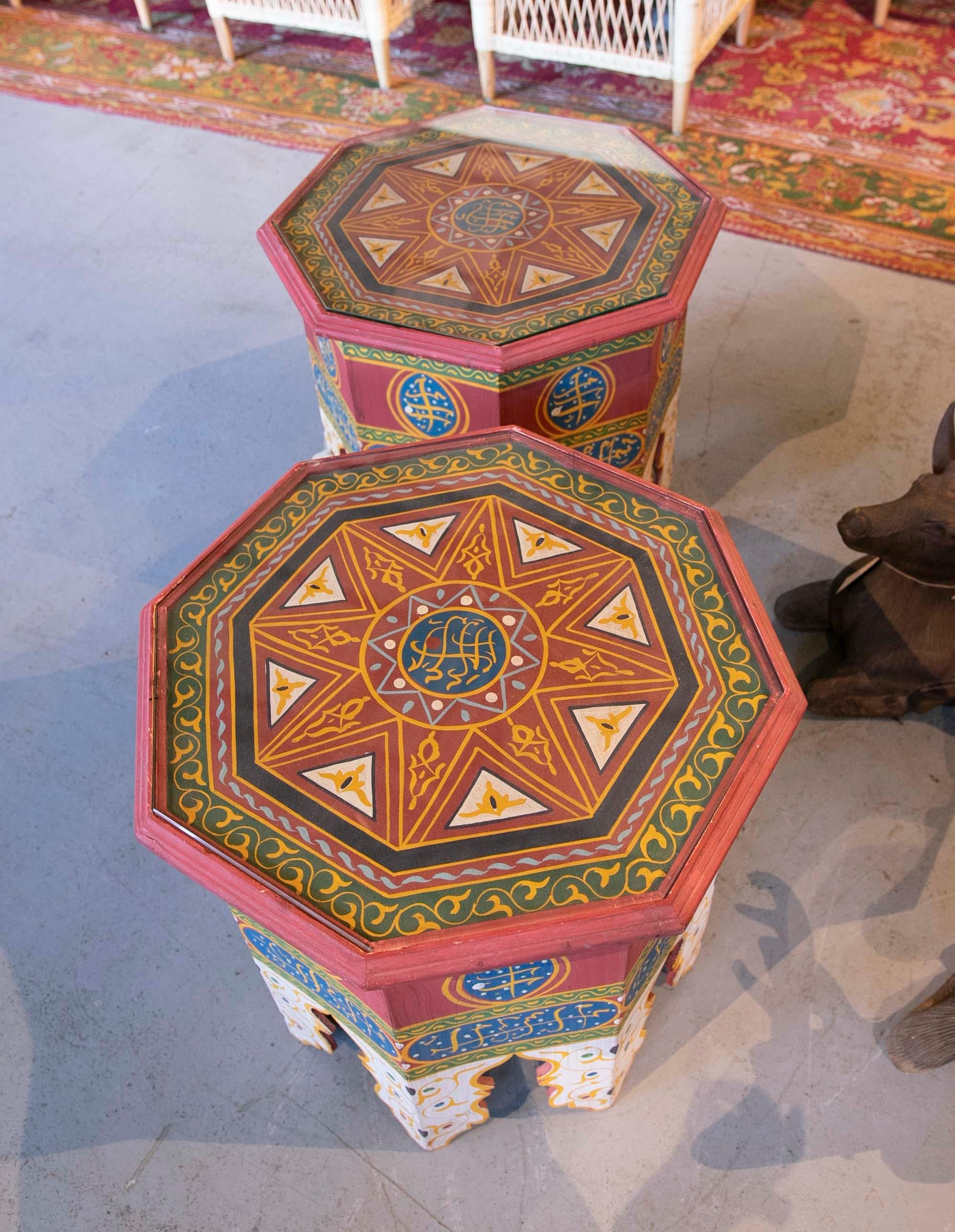 Moroccan Pair of Octagonal Wooden  Coffee Tables in Bright Colours For Sale 7