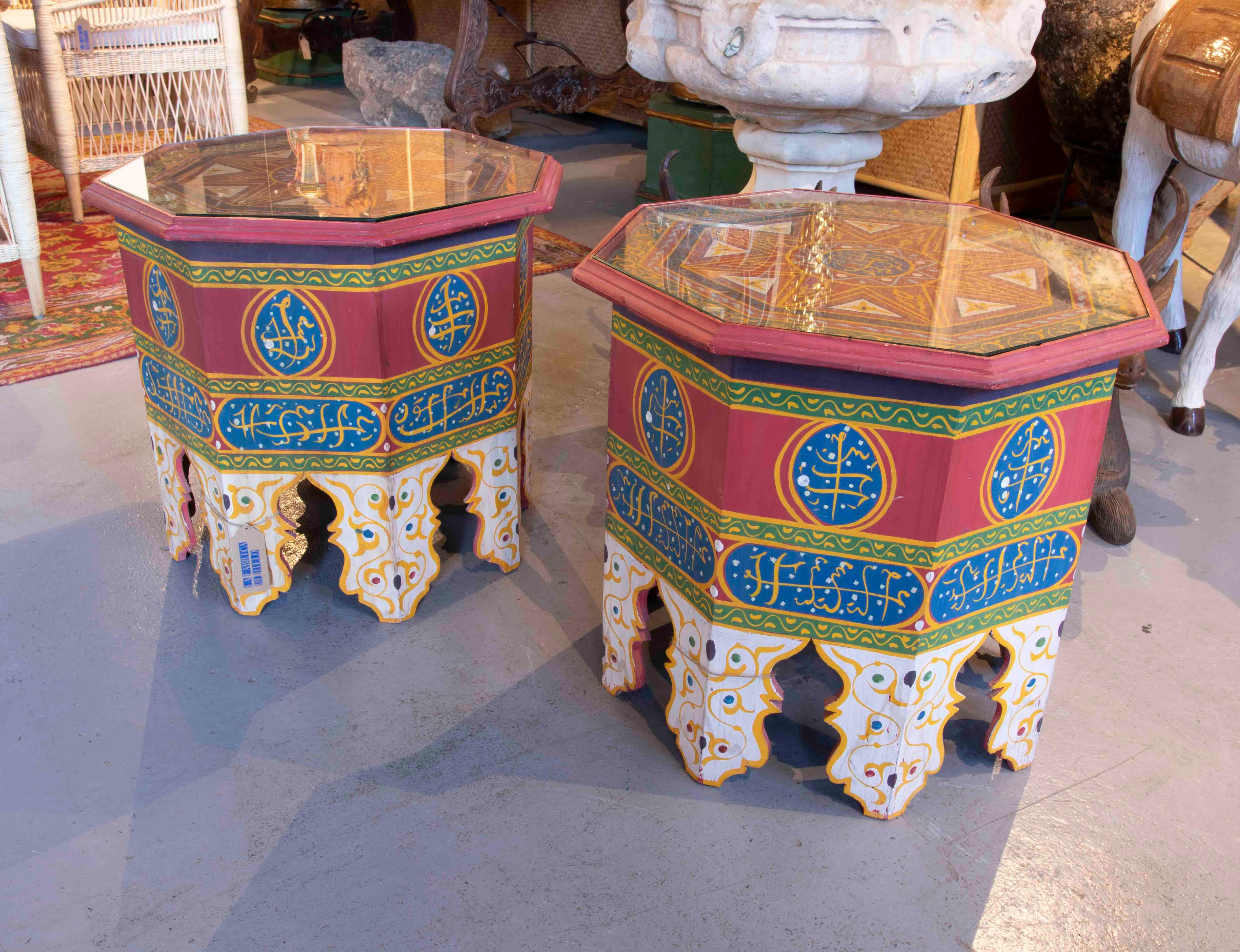 Hand-Painted Moroccan Pair of Octagonal Wooden  Coffee Tables in Bright Colours For Sale