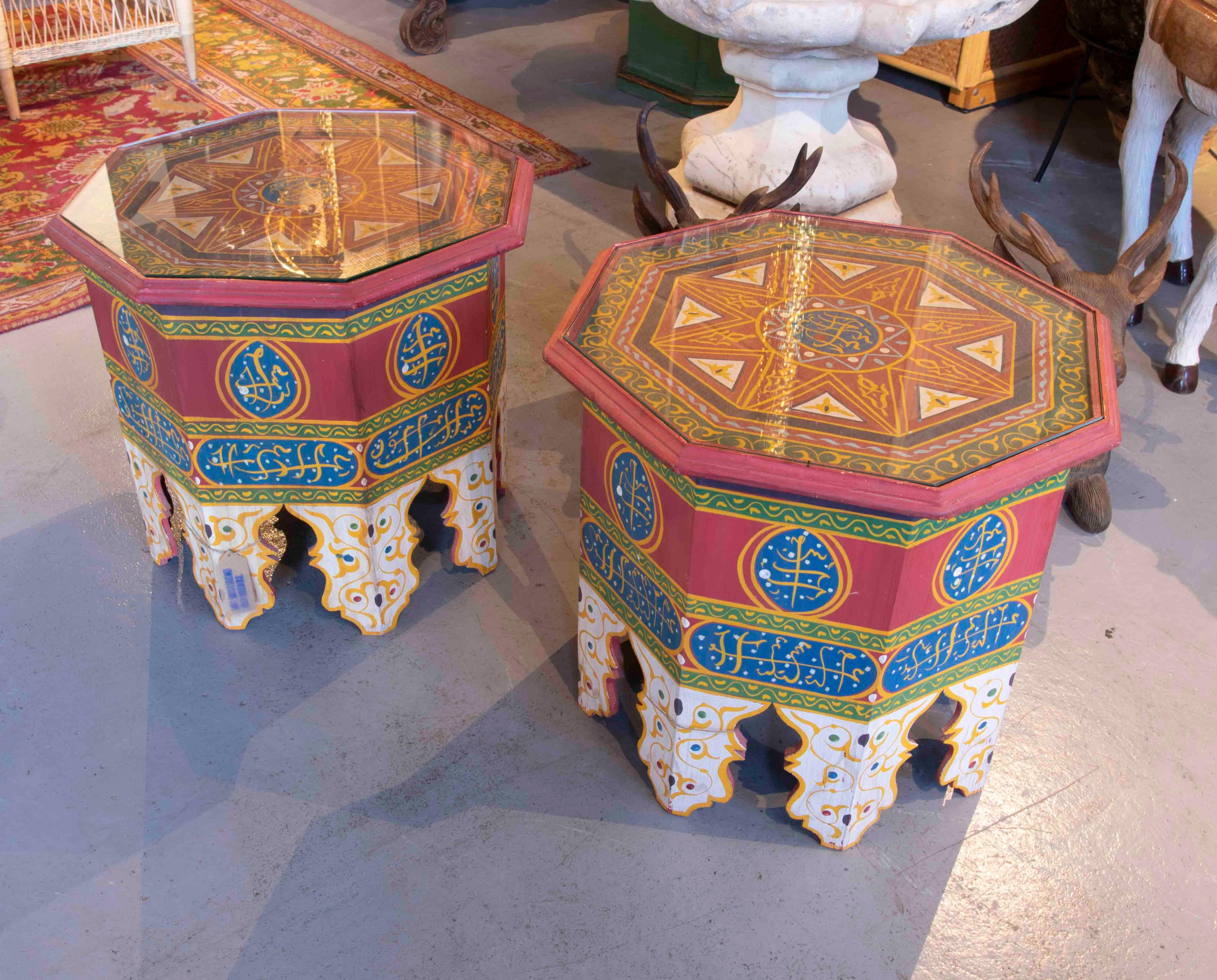 Moroccan Pair of Octagonal Wooden  Coffee Tables in Bright Colours In Good Condition For Sale In Marbella, ES
