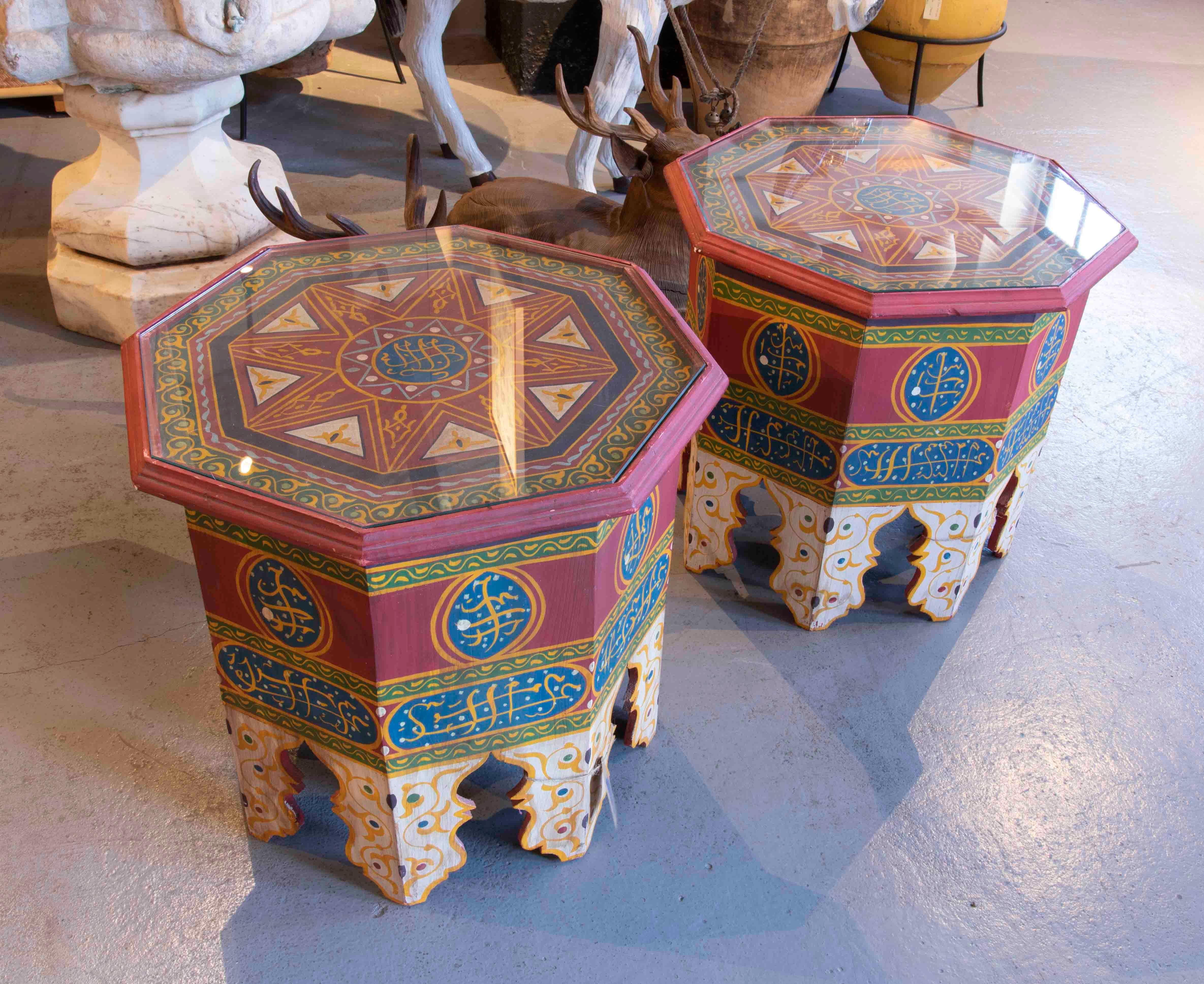 20th Century Moroccan Pair of Octagonal Wooden  Coffee Tables in Bright Colours For Sale