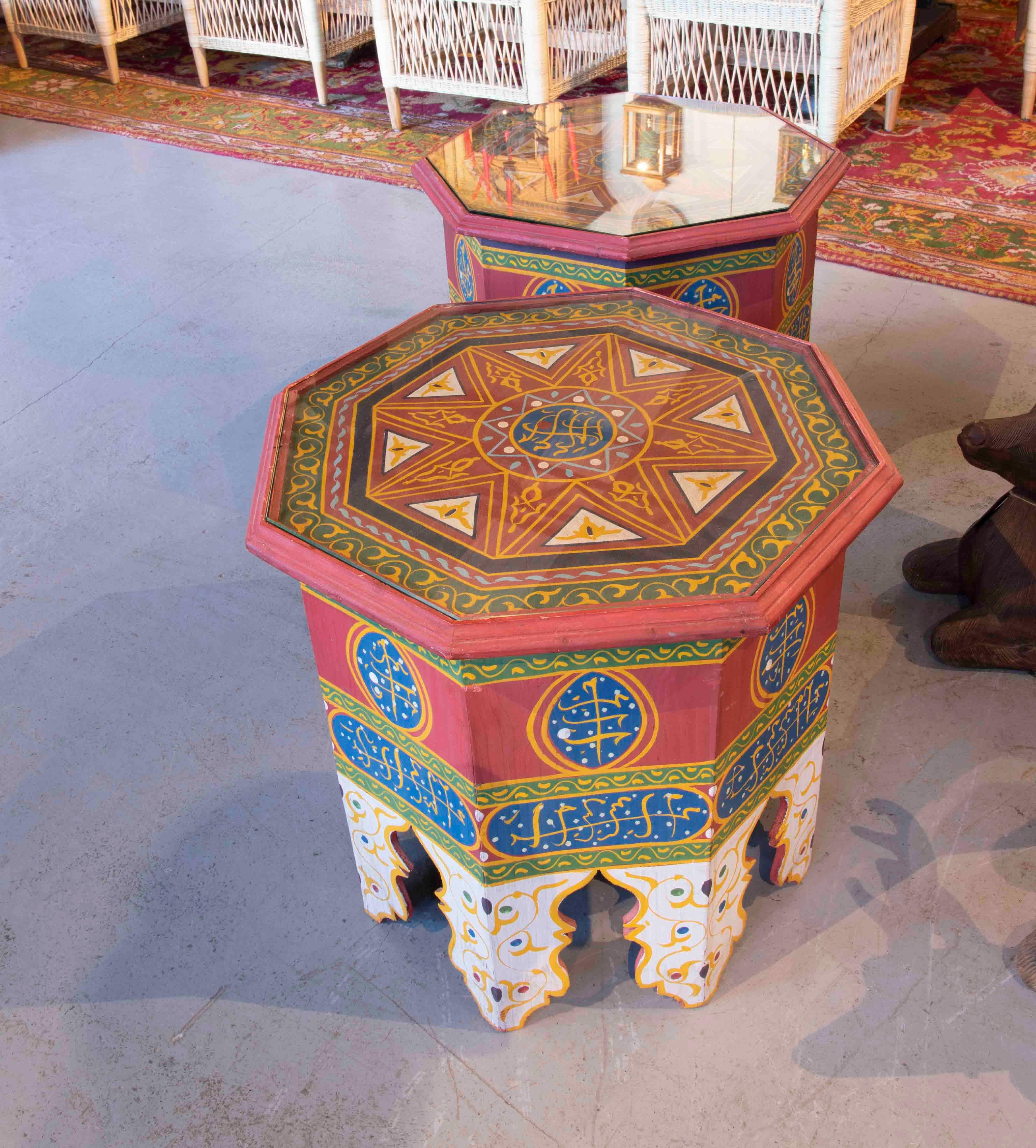 Moroccan Pair of Octagonal Wooden  Coffee Tables in Bright Colours For Sale 2