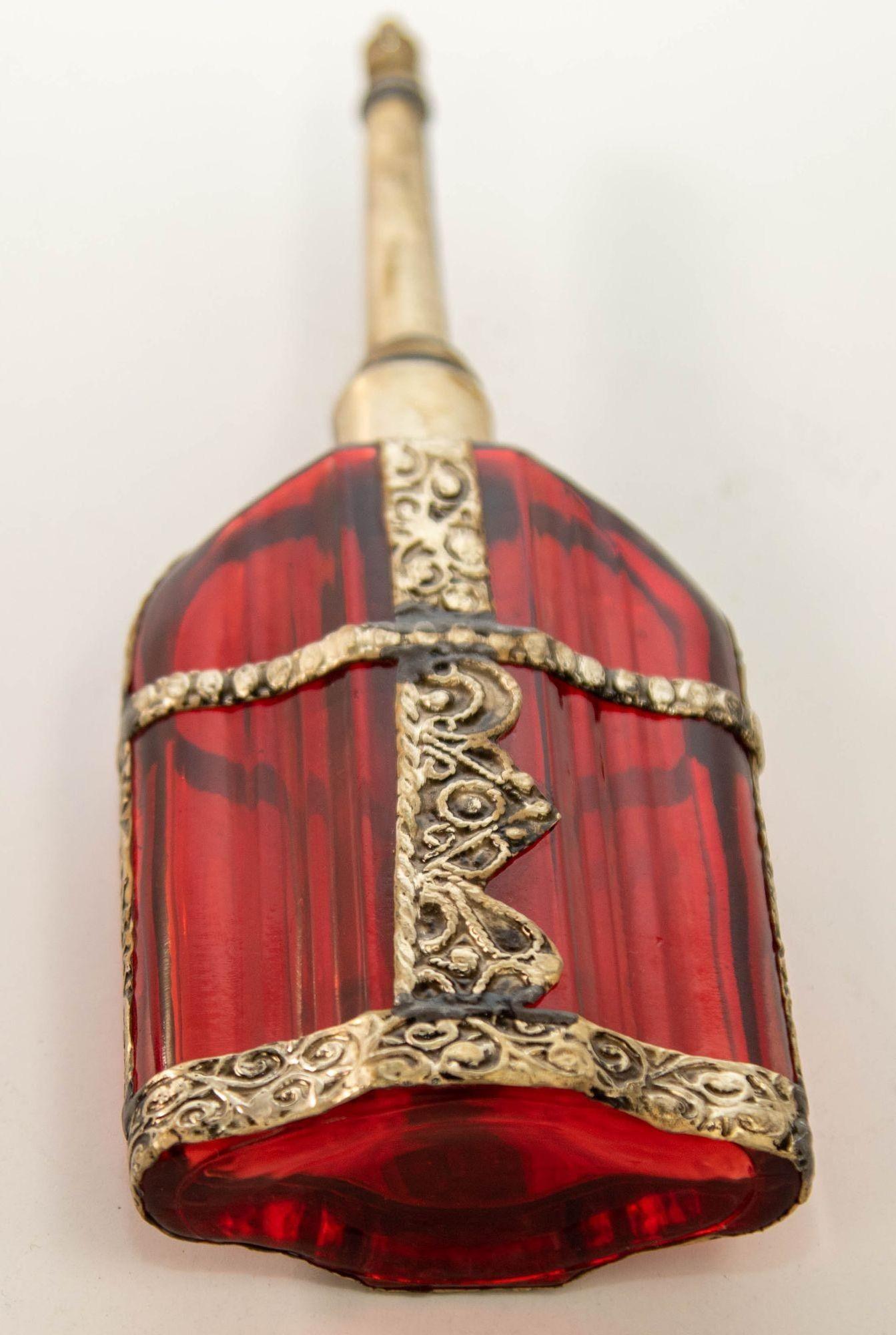Moroccan Perfume Bottle Sprinkler with Embossed Metal Overlay and Red Glass 2