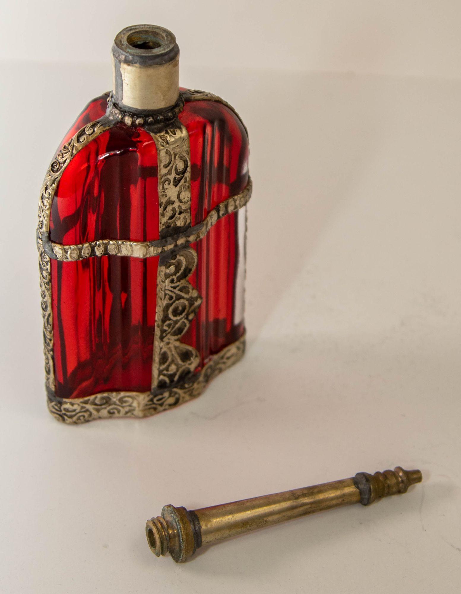 Moroccan Perfume Bottle Sprinkler with Embossed Metal Overlay and Red Glass 3