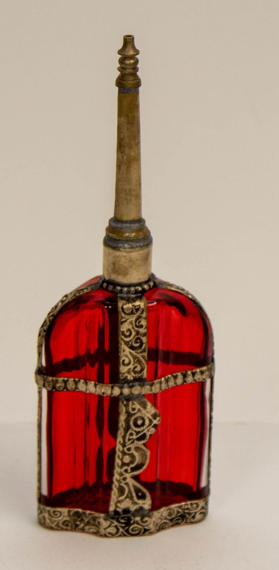 Moroccan Perfume Bottle Sprinkler with Embossed Metal Overlay and Red Glass 4