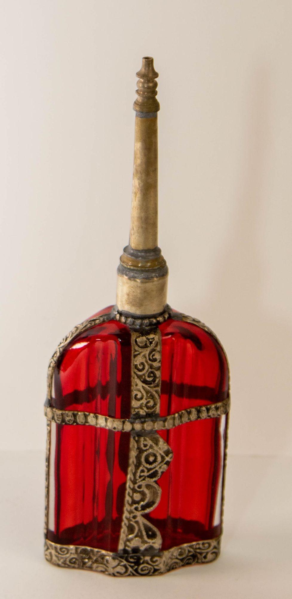 Islamic Moroccan Perfume Bottle Sprinkler with Embossed Metal Overlay and Red Glass For Sale
