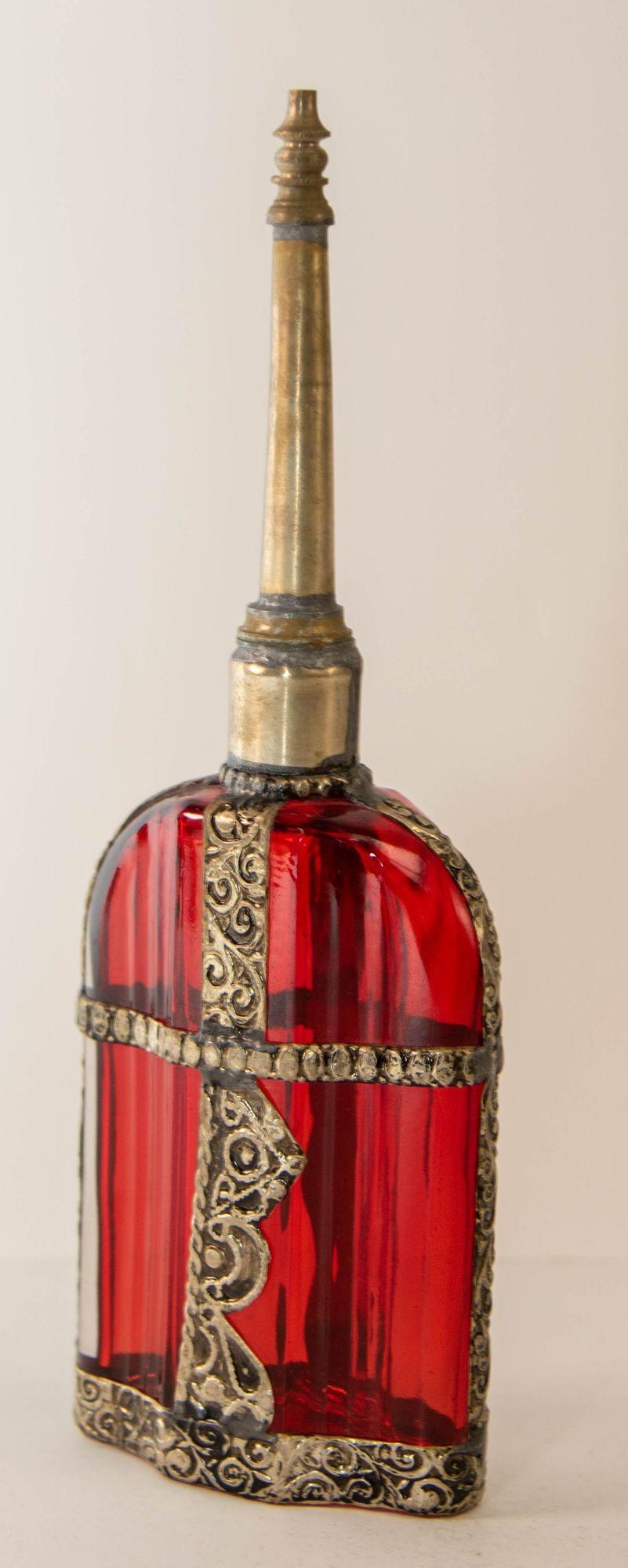 Islamic Moroccan Perfume Bottle Sprinkler with Embossed Metal Overlay and Red Glass
