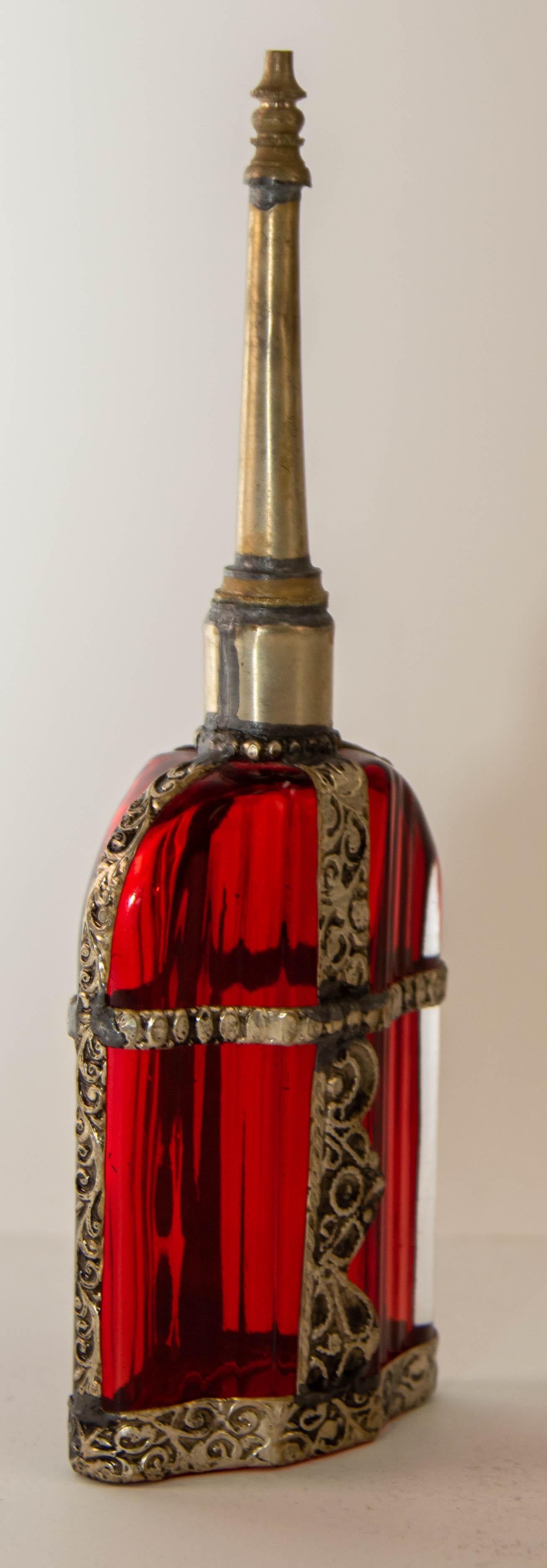 20th Century Moroccan Perfume Bottle Sprinkler with Embossed Metal Overlay and Red Glass For Sale