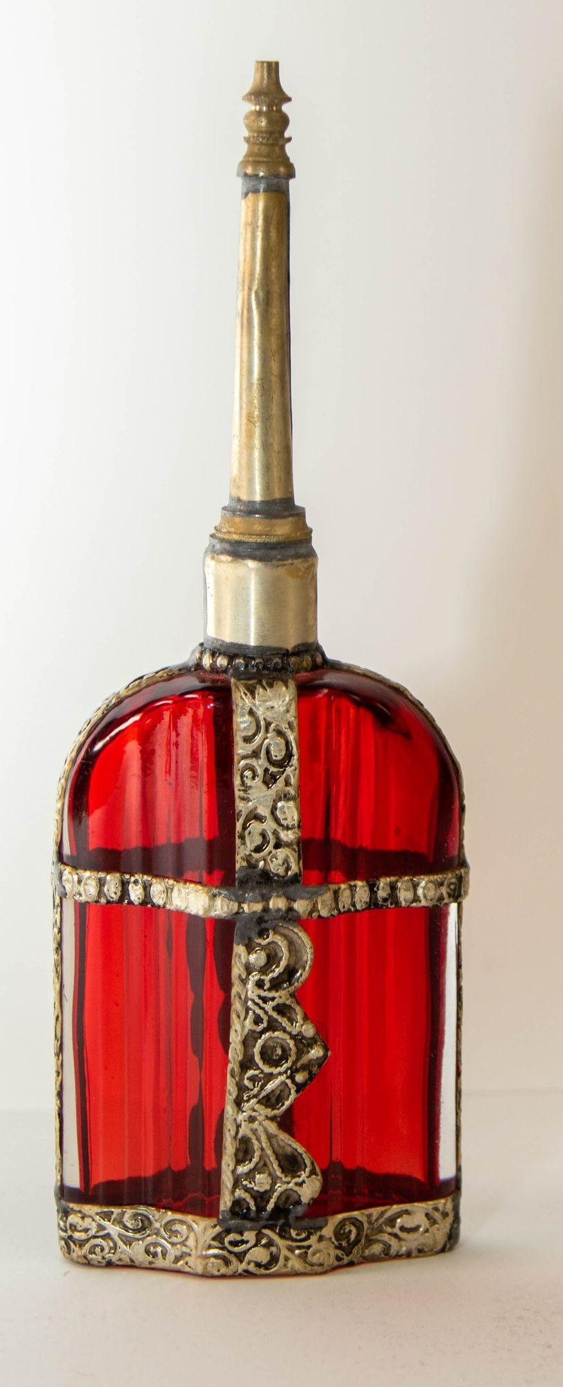 Moroccan Perfume Bottle Sprinkler with Embossed Metal Overlay and Red Glass In Good Condition In North Hollywood, CA