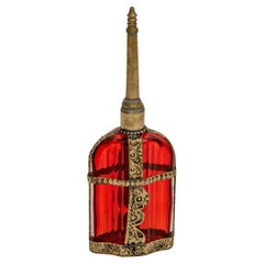 Vintage Moroccan Perfume Bottle Sprinkler with Embossed Metal Overlay and Red Glass