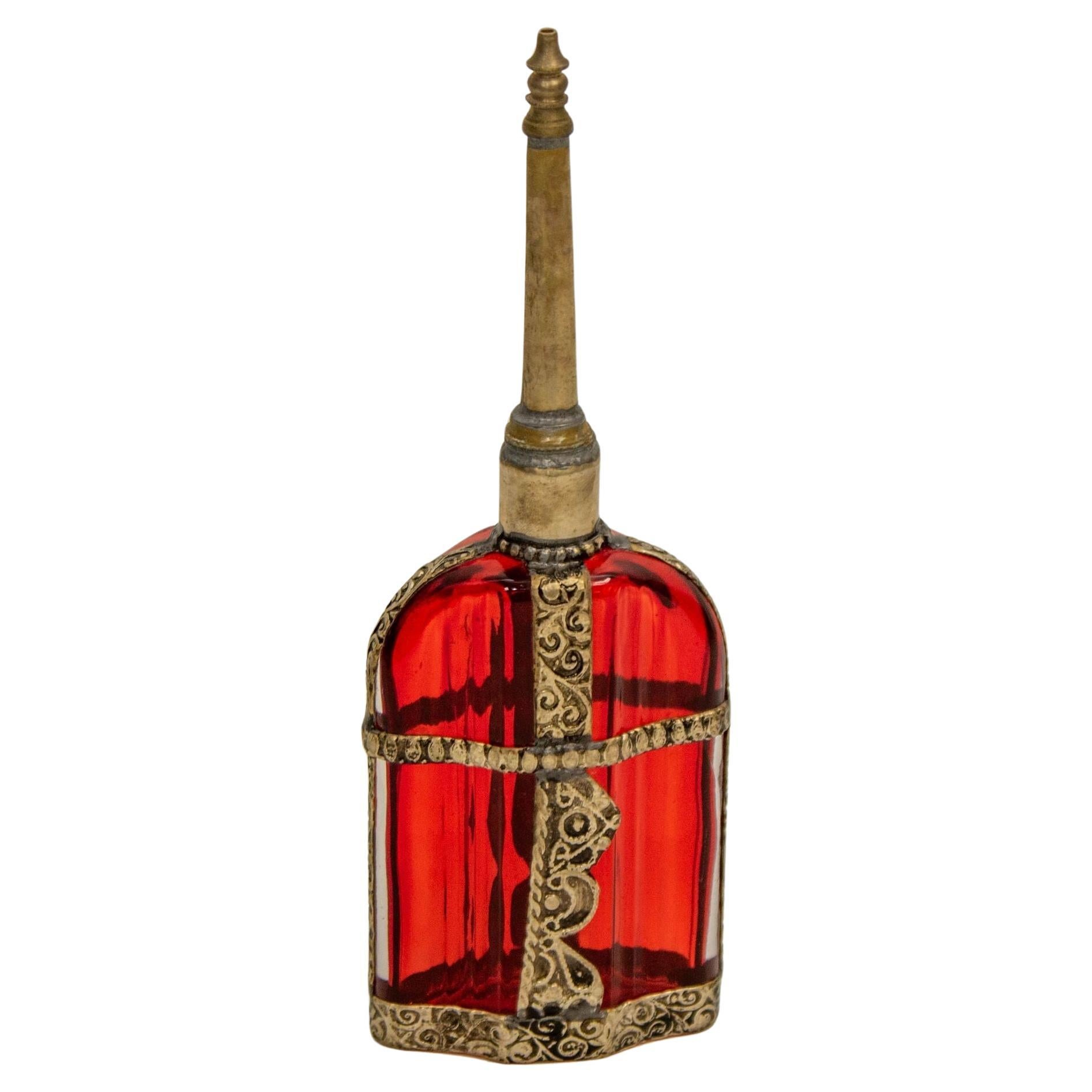 Moroccan Perfume Bottle Sprinkler with Embossed Metal Overlay and Red Glass For Sale