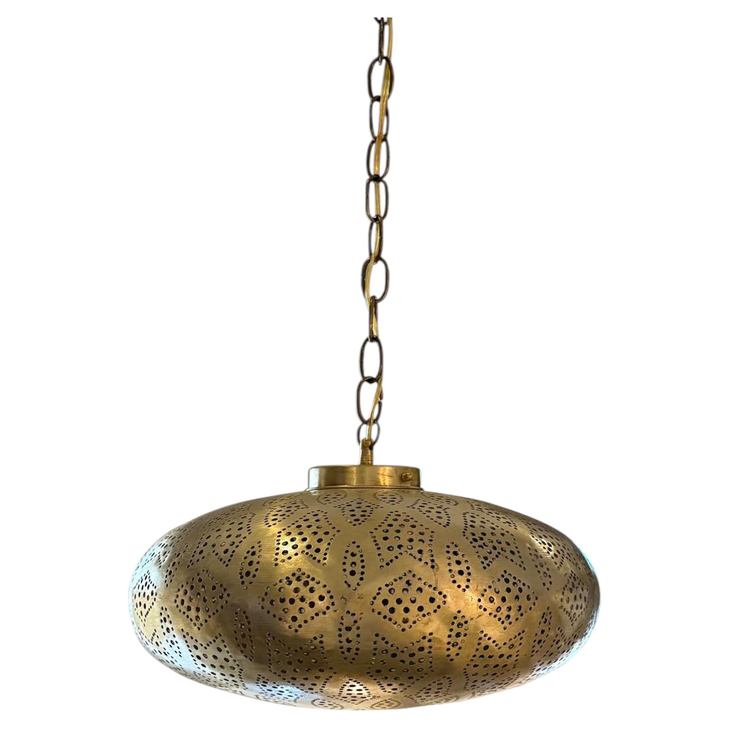 Moroccan Pierced Brass Doughnut Shaped Pendant Light, 15" Diameter, 48" Height For Sale