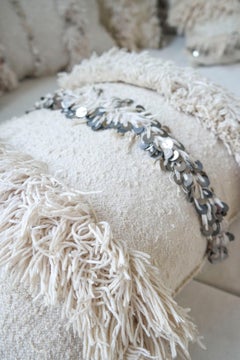 Moroccan Pillow Made from a Vintage Wedding Blanket, Berber Handira with Sequins