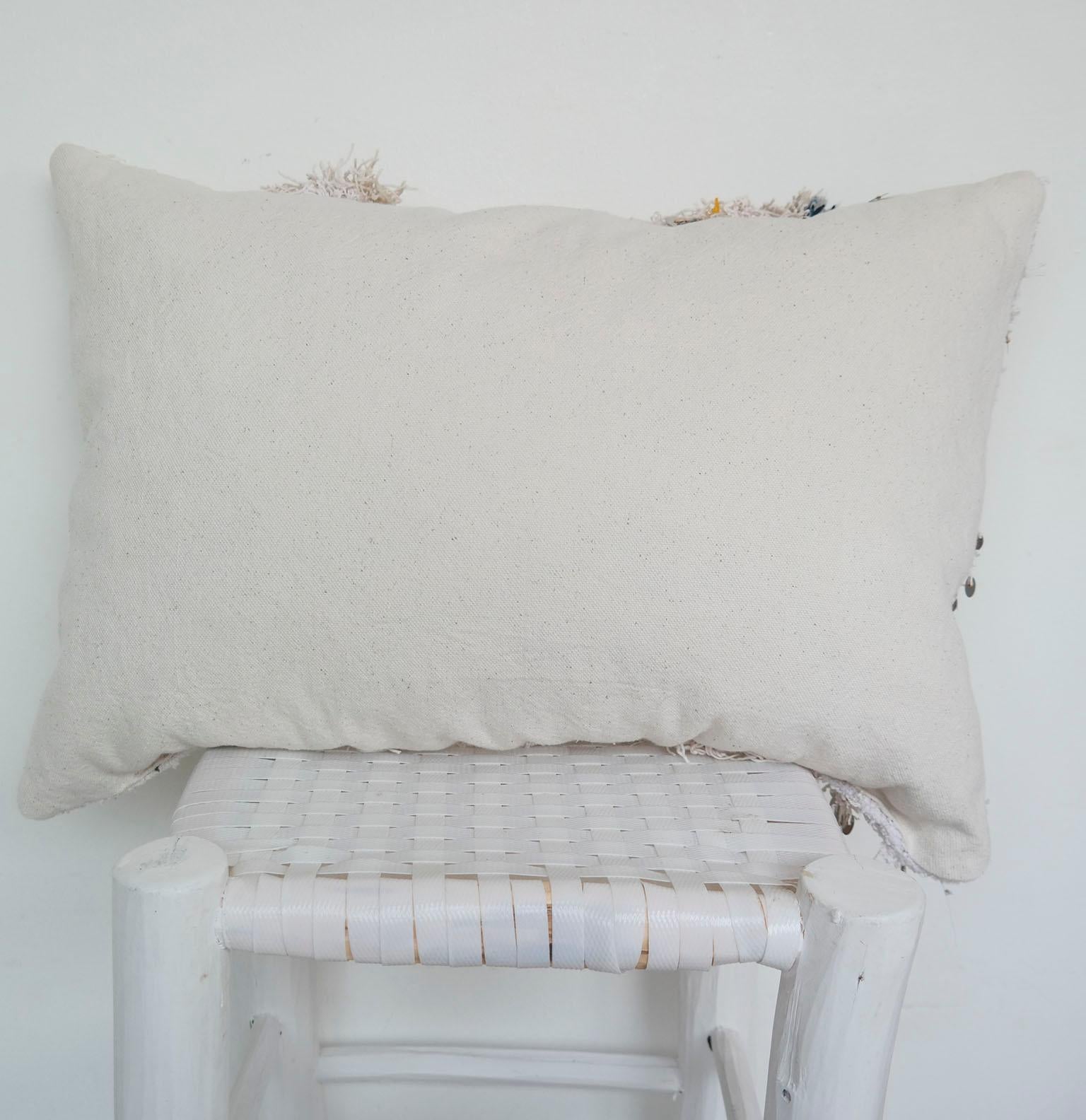 Wool Moroccan Pillow Made from a Vintage Wedding Blanket, Berber Handira with Sequins For Sale