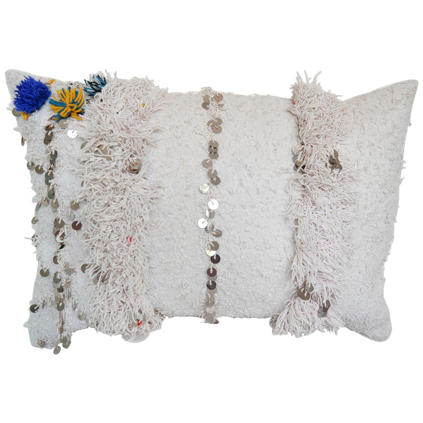Moroccan Pillow Made from a Vintage Wedding Blanket, Berber Handira with Sequins For Sale