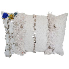 Moroccan Pillow Made from a Retro Wedding Blanket, Berber Handira with Sequins